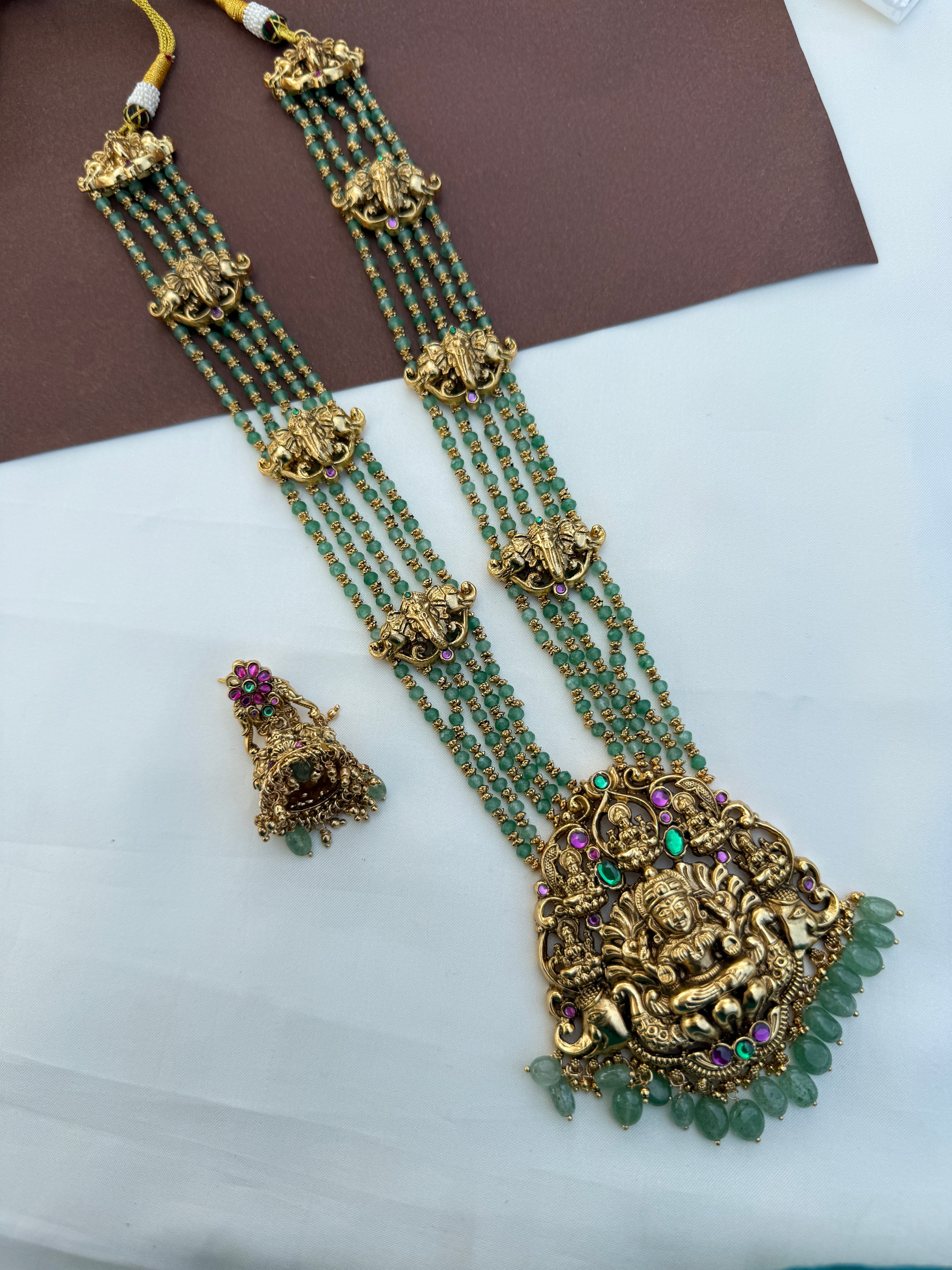 Ns724 jadau kundan lakshmidevi with green beads neckset