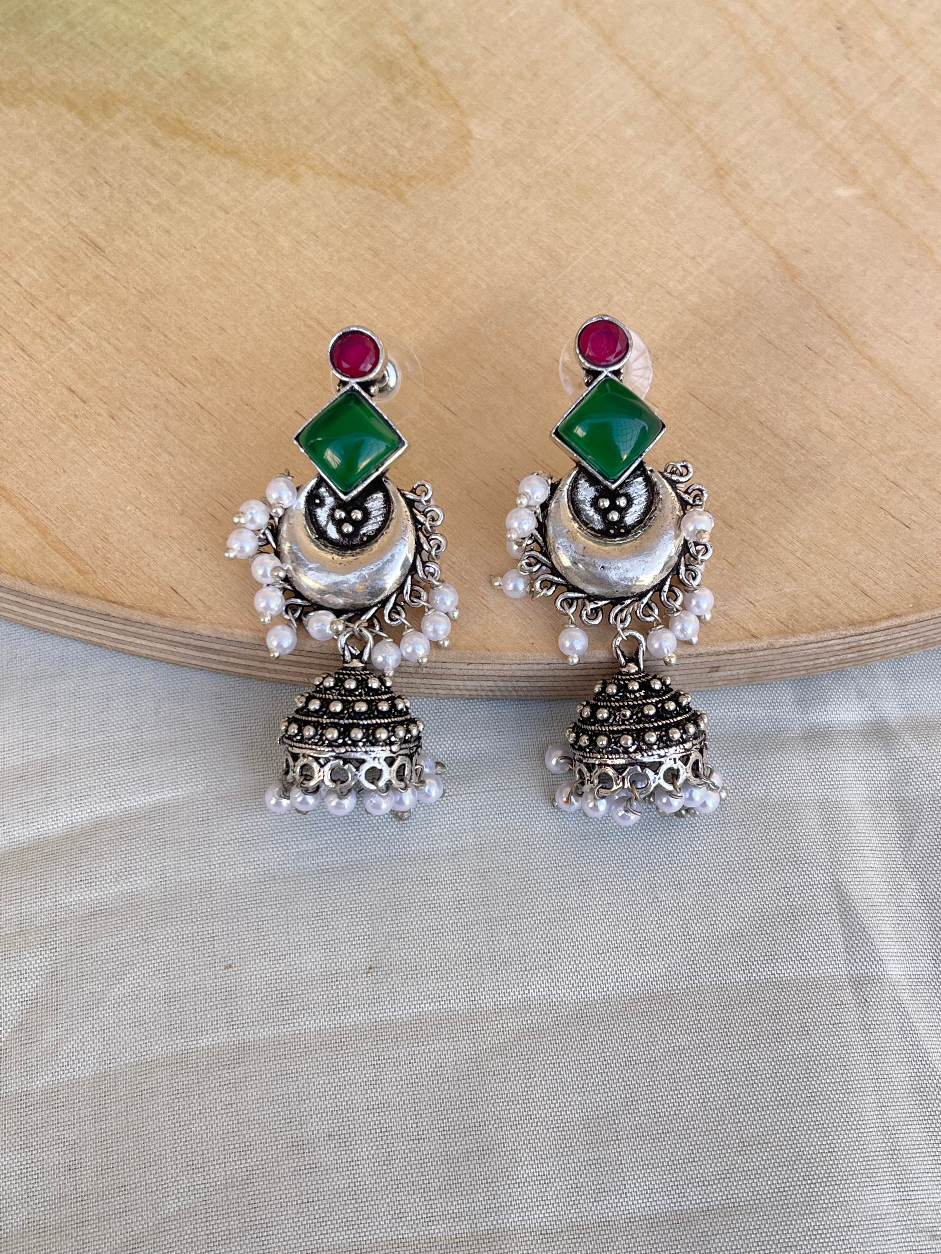 Lightweight chandbutta oxidised pearl hanging earrings
