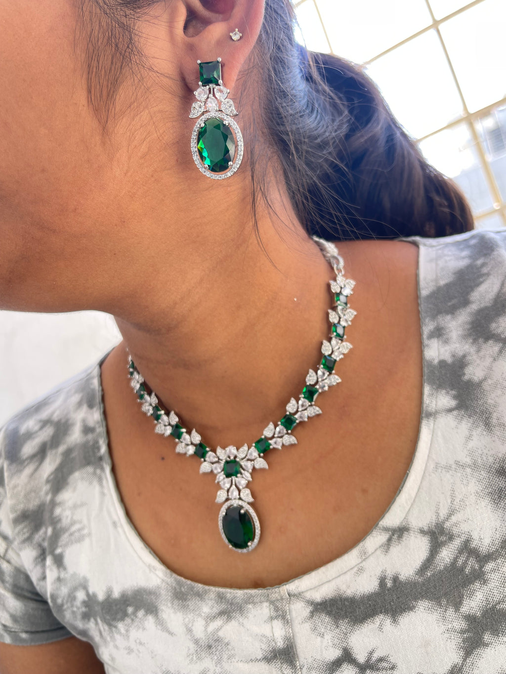 Green diamond finish drop neckset with earrings