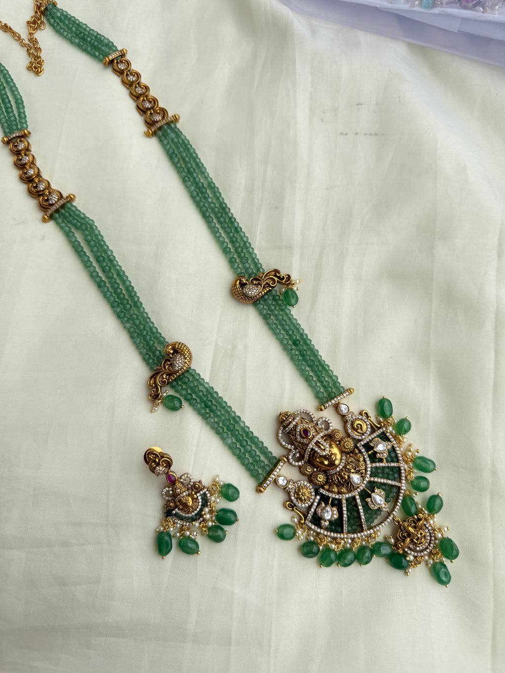 Lh2022 3 lines long beads with lord Venkateswara Swamy pendant and earrings