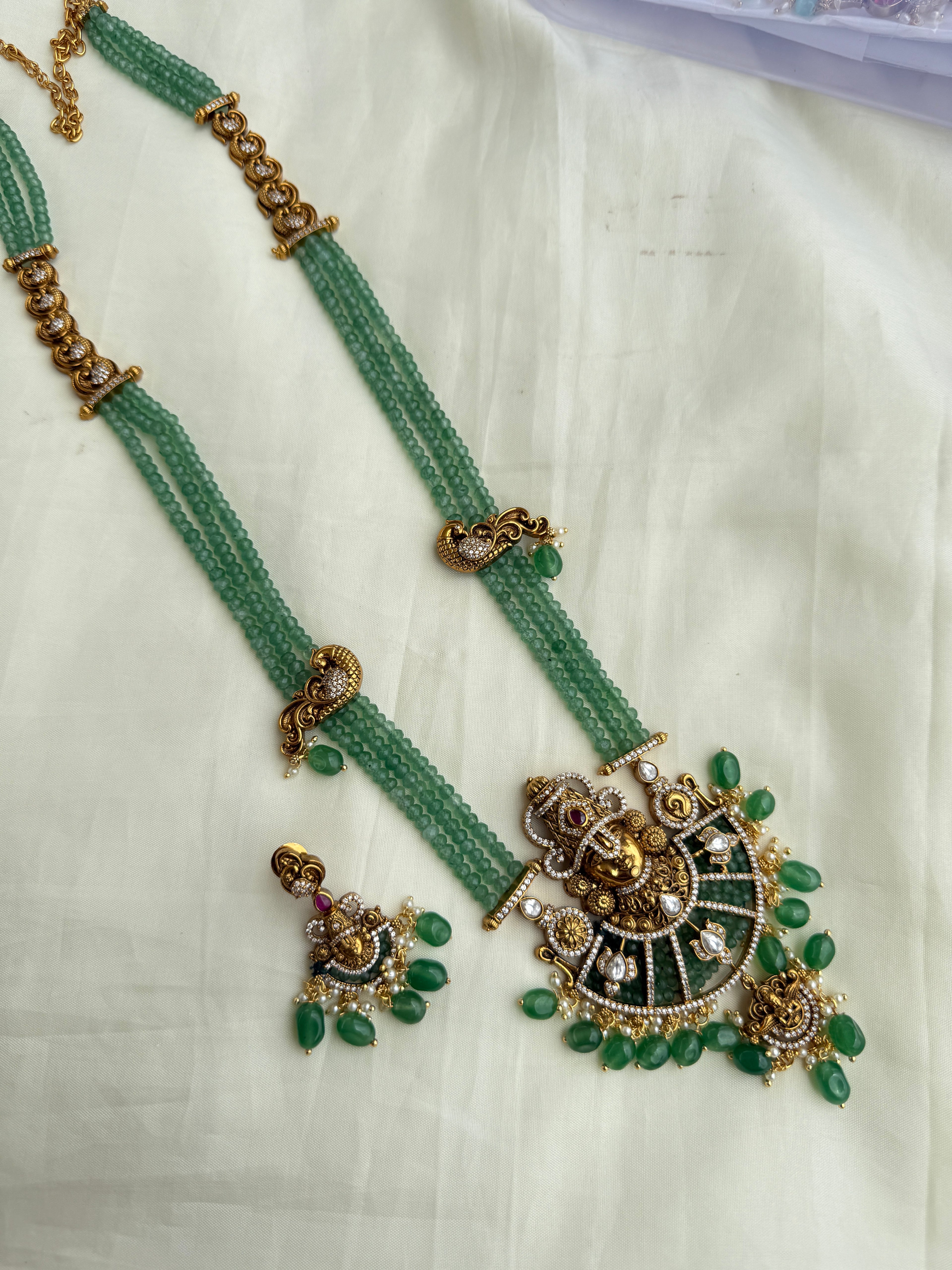 Lh2022 3 lines long beads with lord Venkateswara Swamy pendant and earrings