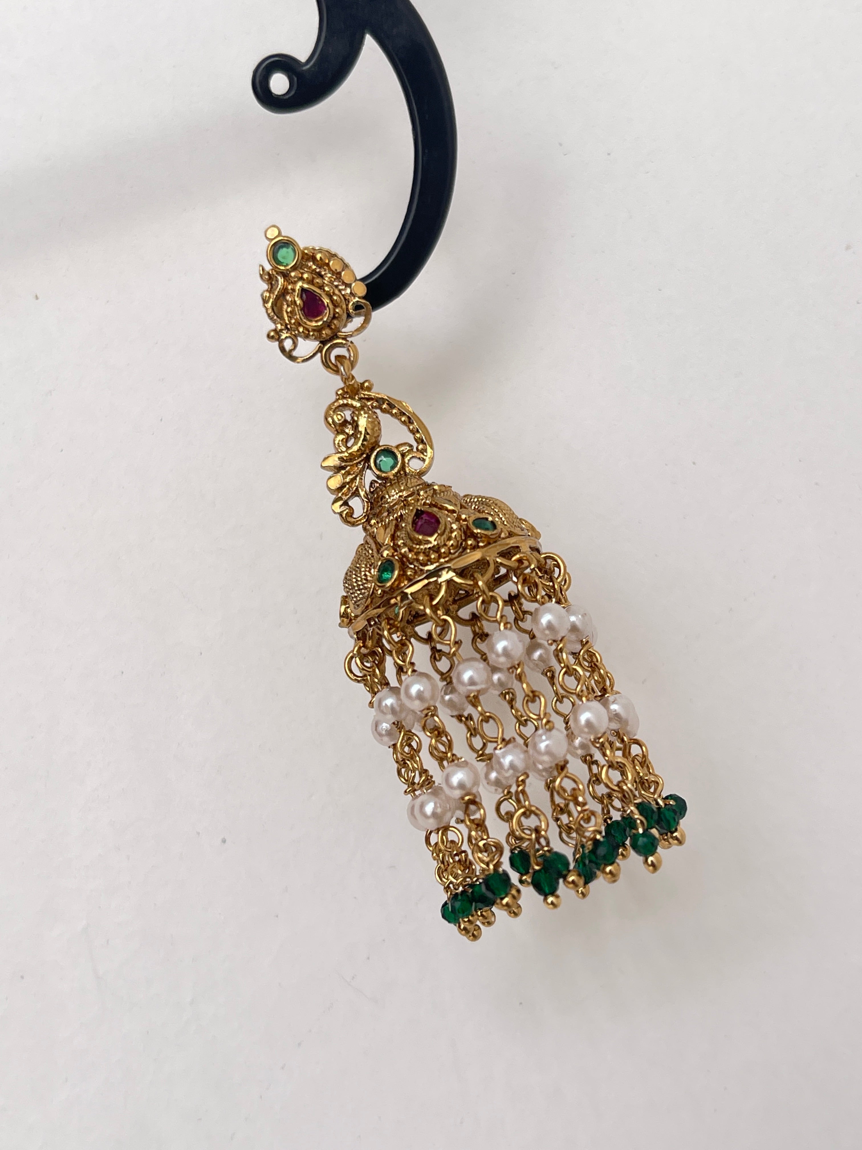 Green pearl peacock hanging butta earrings