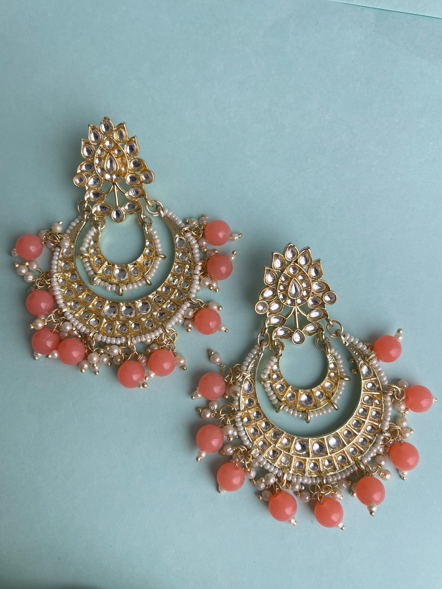 Peach Kundan chandbali earrings