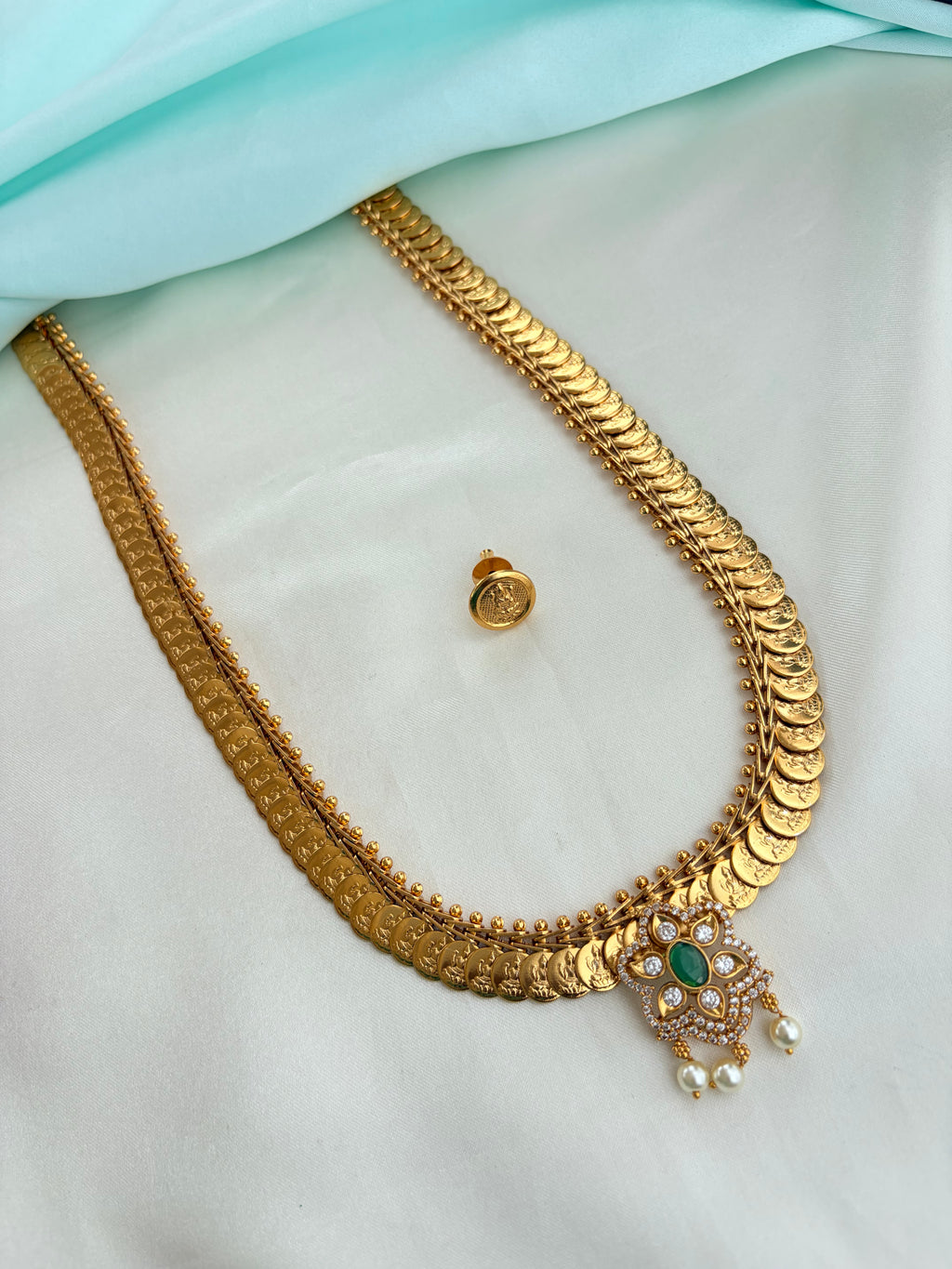 Nakshi Lakshmidevi kasu flower Pendent  long haram with Studs Ns911