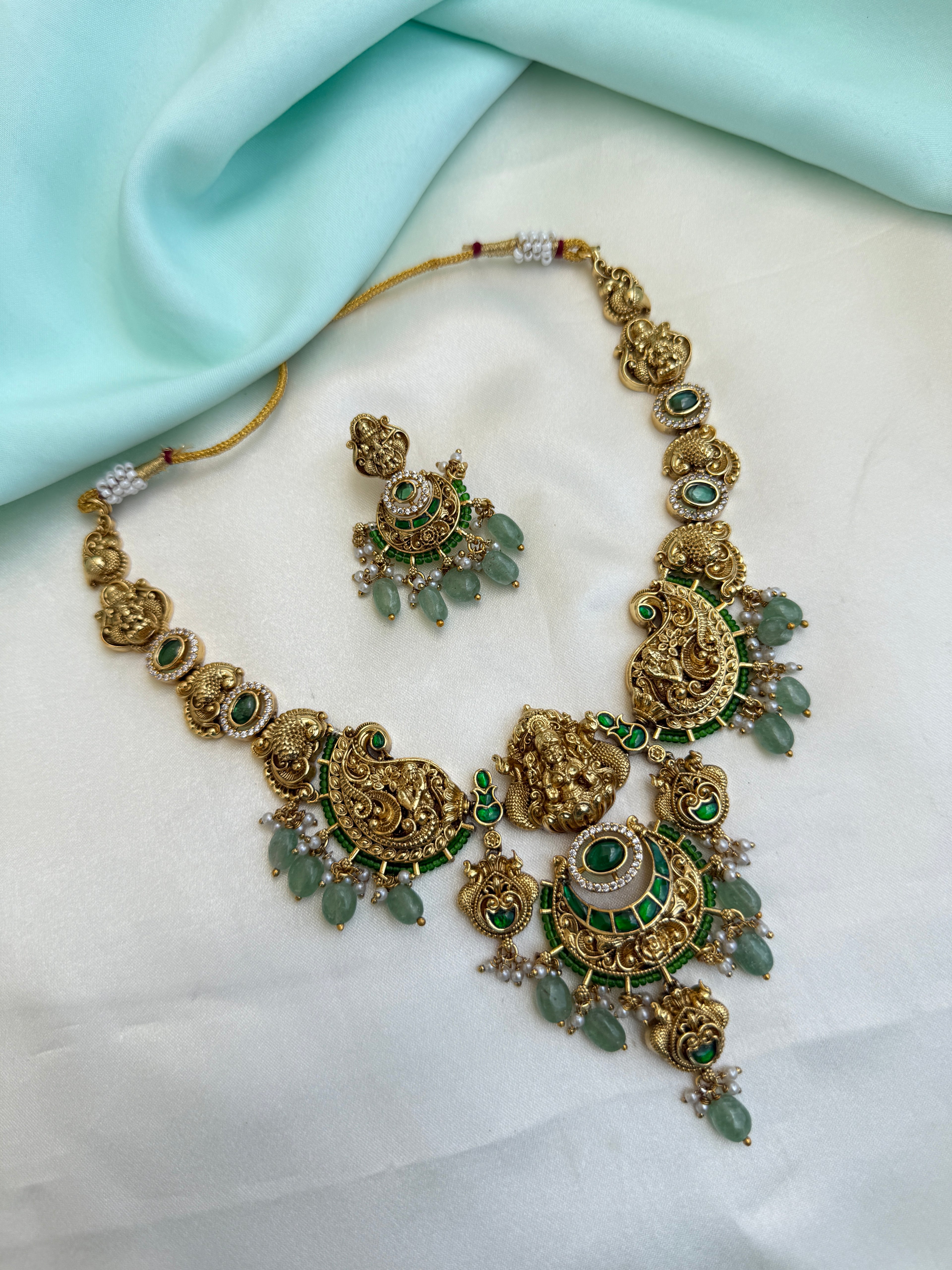 Emerald peacock Neckset lakshmi devi pendant earrings ns229