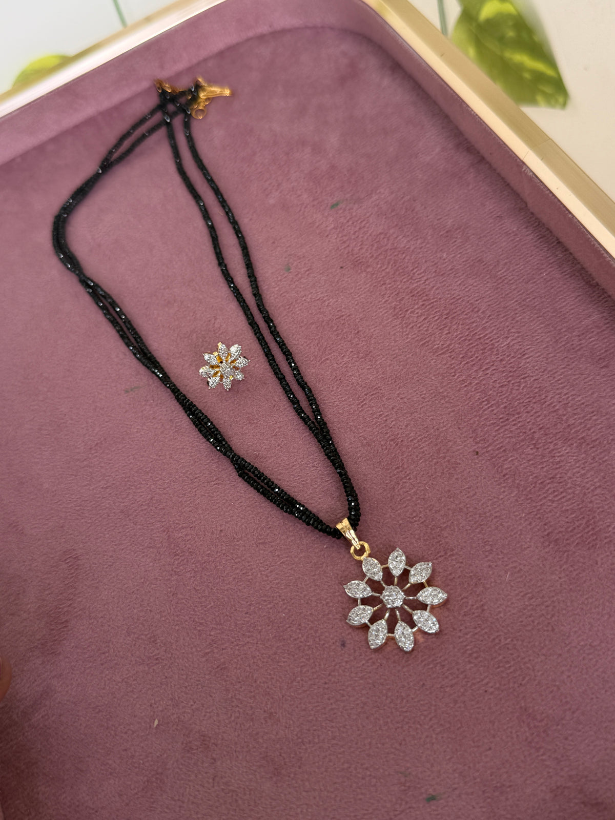 Crystal black beads with diamond  pendant with studs 16 inches 2 layers black beads bb364