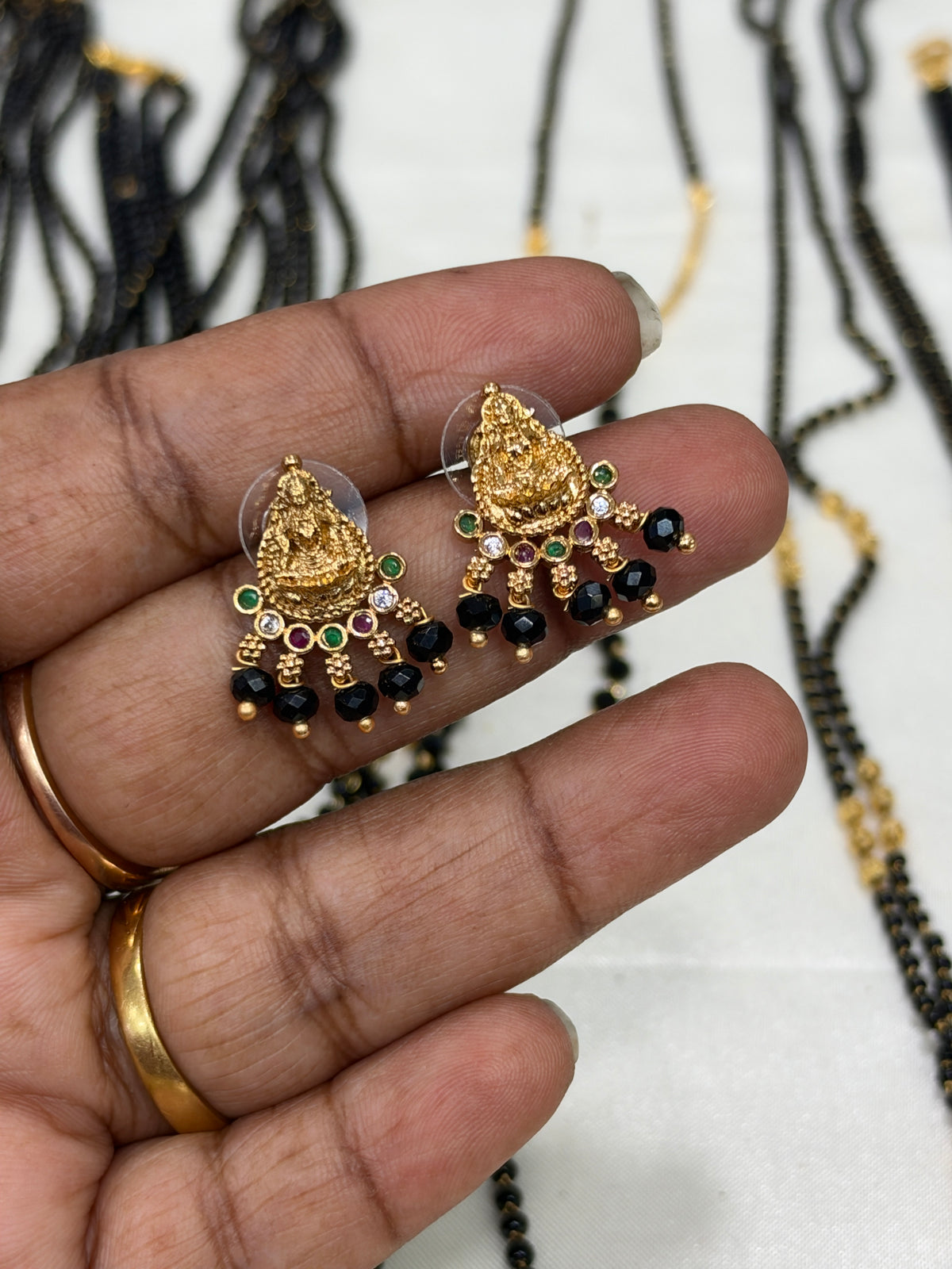 Er913 lakshmidevi multi stones with black beads back push earrings