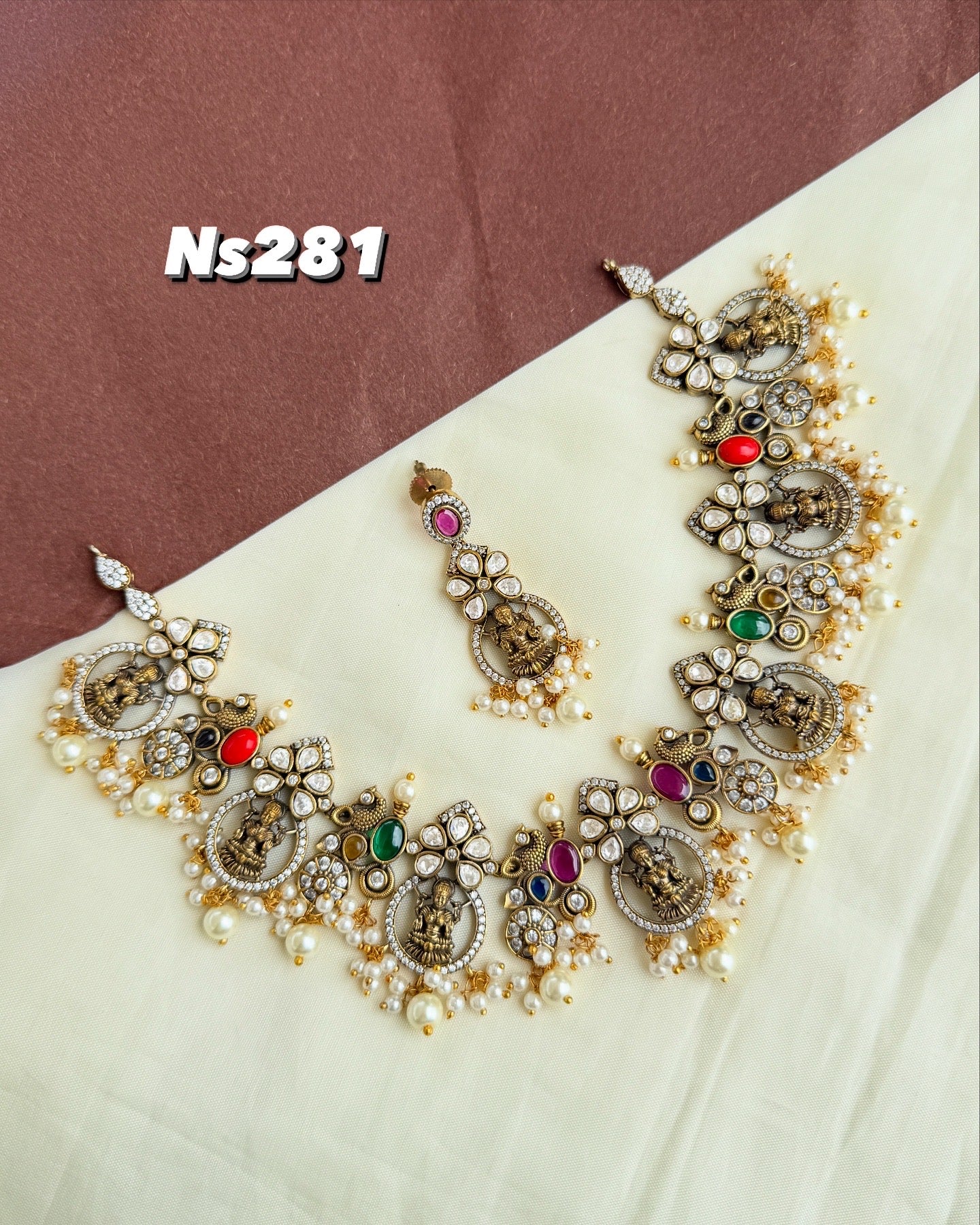 Ns281 multi moissanite Lakshmi Devi neckset with earrings