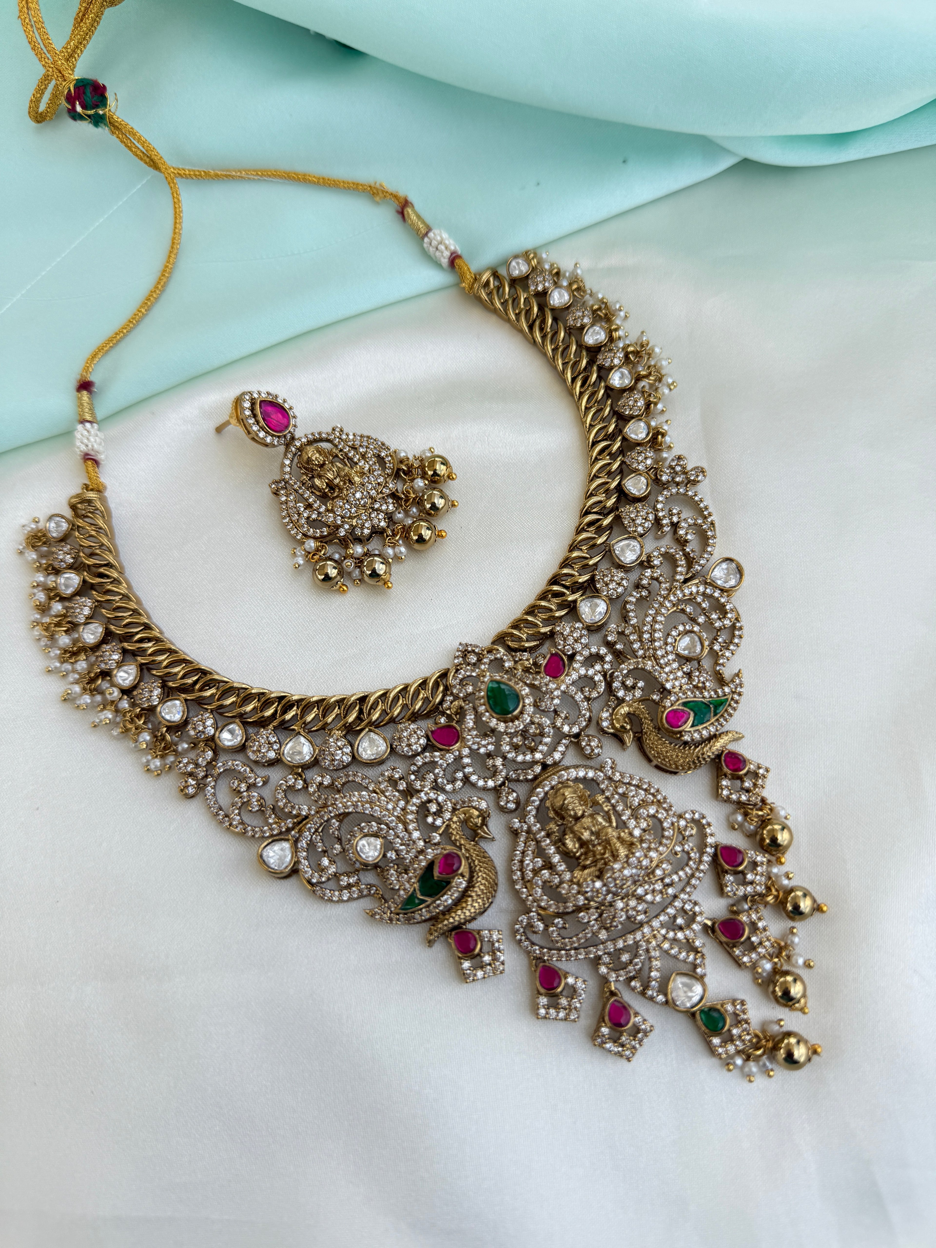 Antique Guttapusalu Temple Neckset with Lakshmi Pendant with Earrings ns219