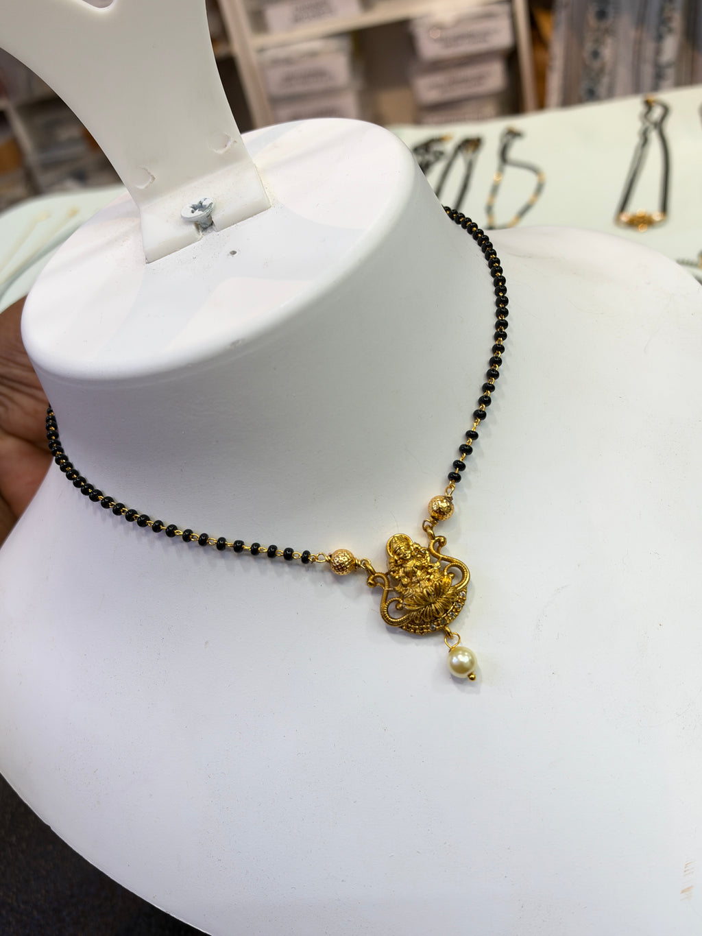 Lakshmidevi with pearl drop Black beads chain 18 inches BB432