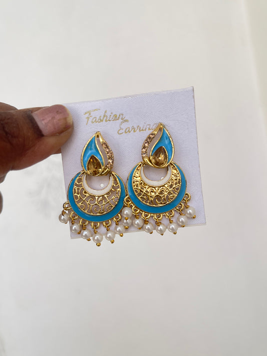 Pink skyblue chandbali earrings