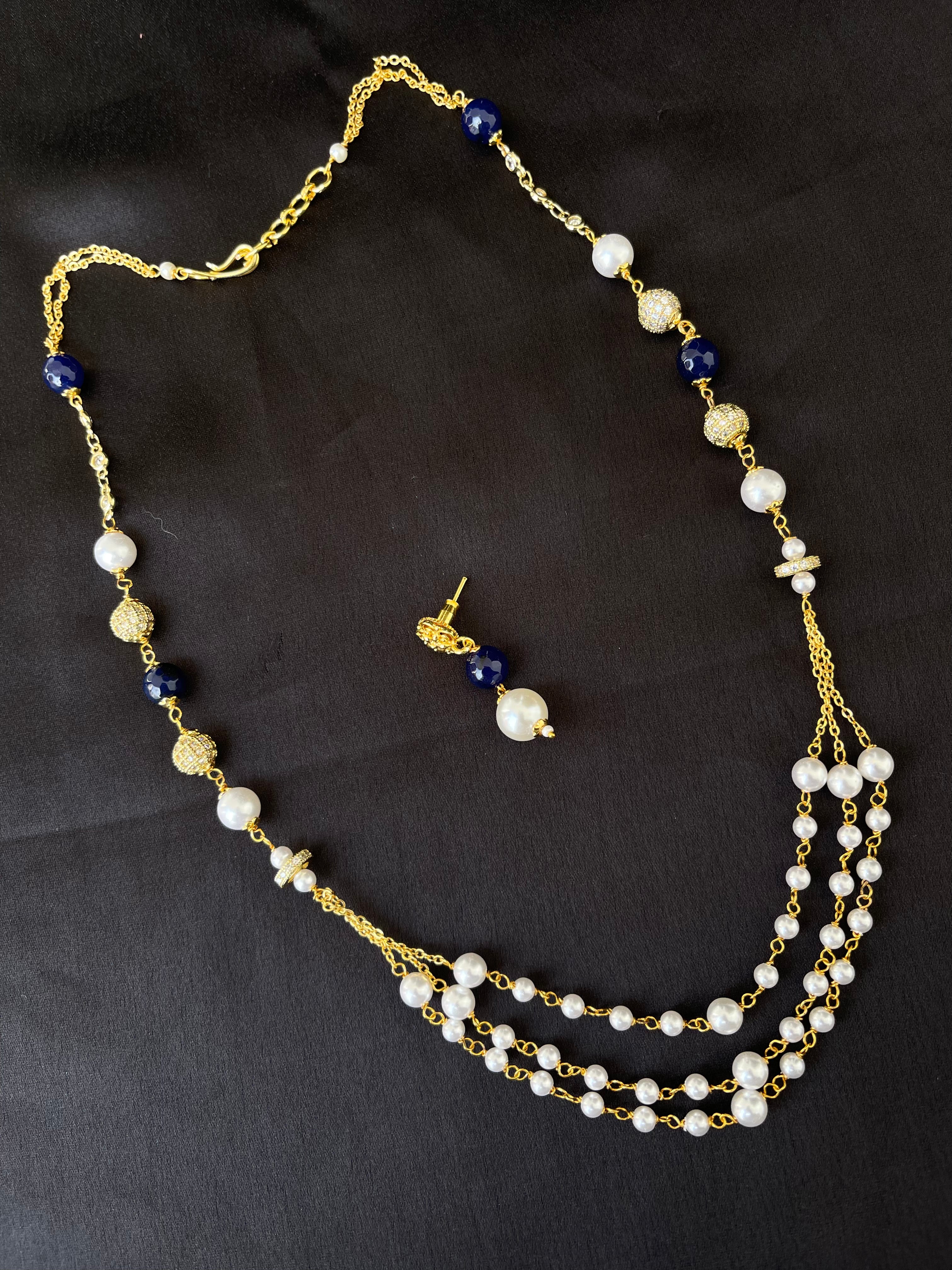 White blue 3 layers chain with earrings pr006