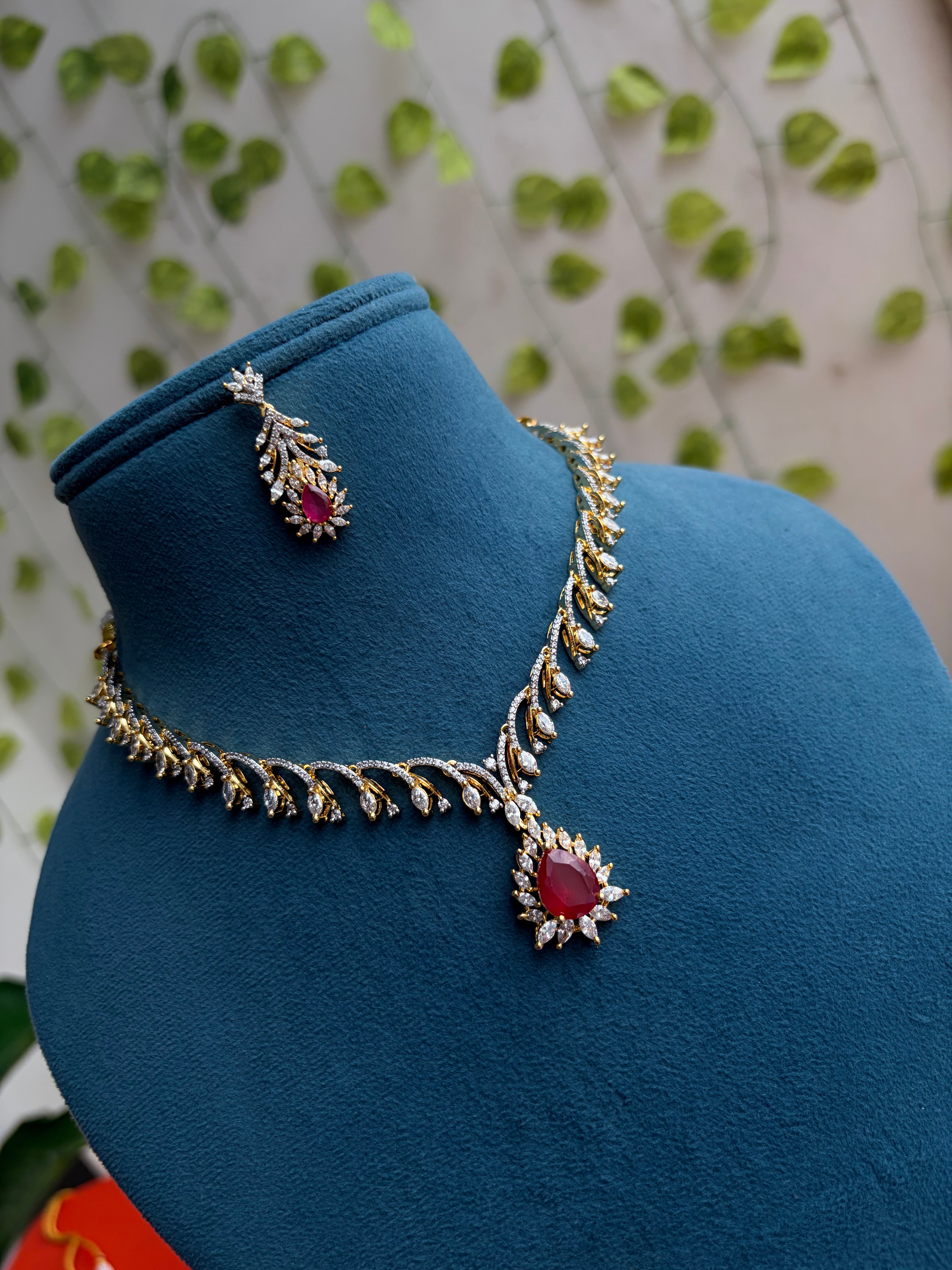Diamond finish Pink and Green Necksets with Earrings Ns251