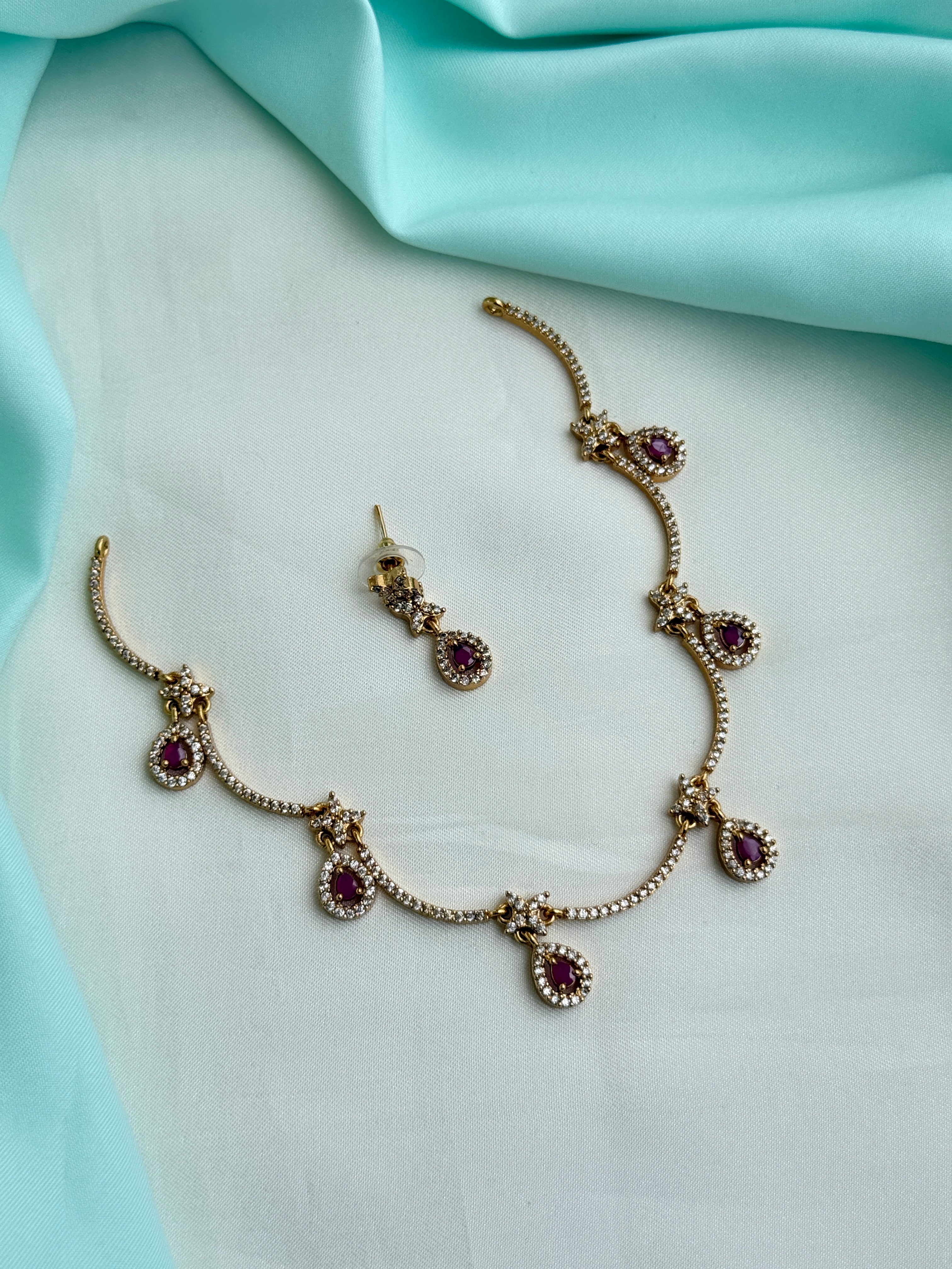 Ns821 7 drops flowers stones short neckset with earrings