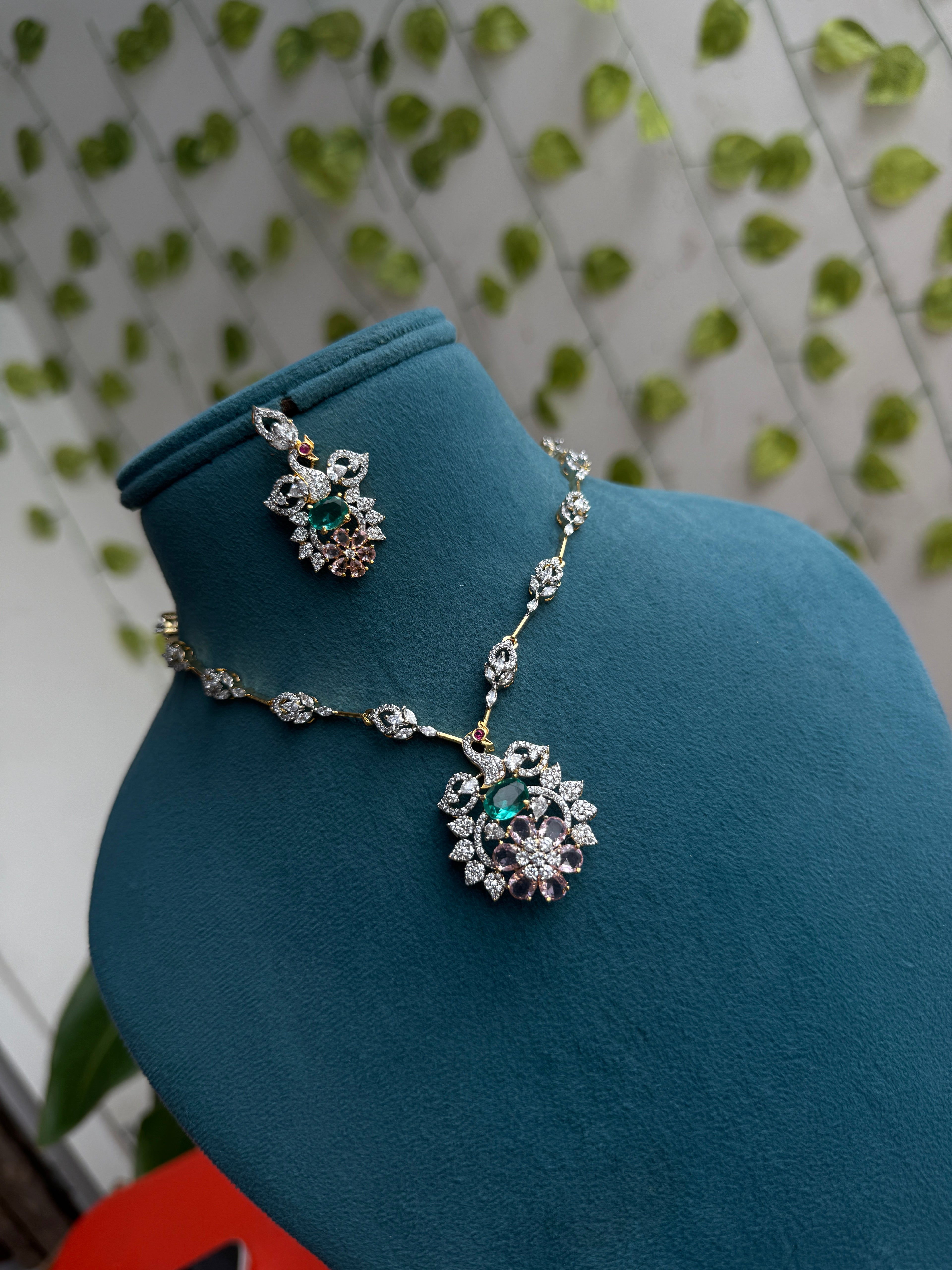 Emerald Bloom neckset flower design pendant with earrings ns259