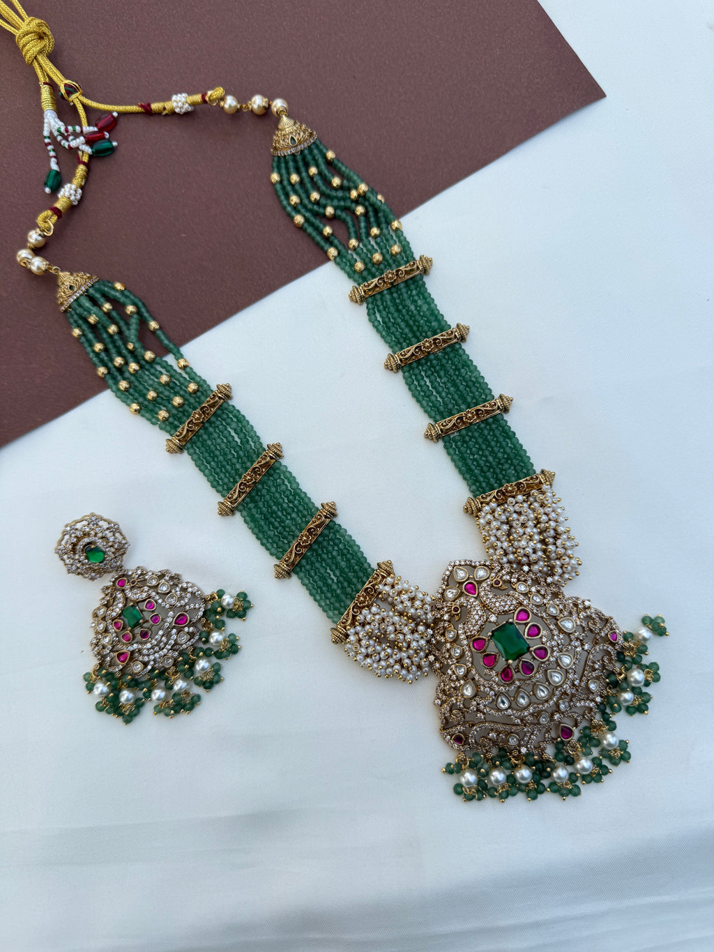 Ns729 jadau Kundan dual peacock green beads neckset