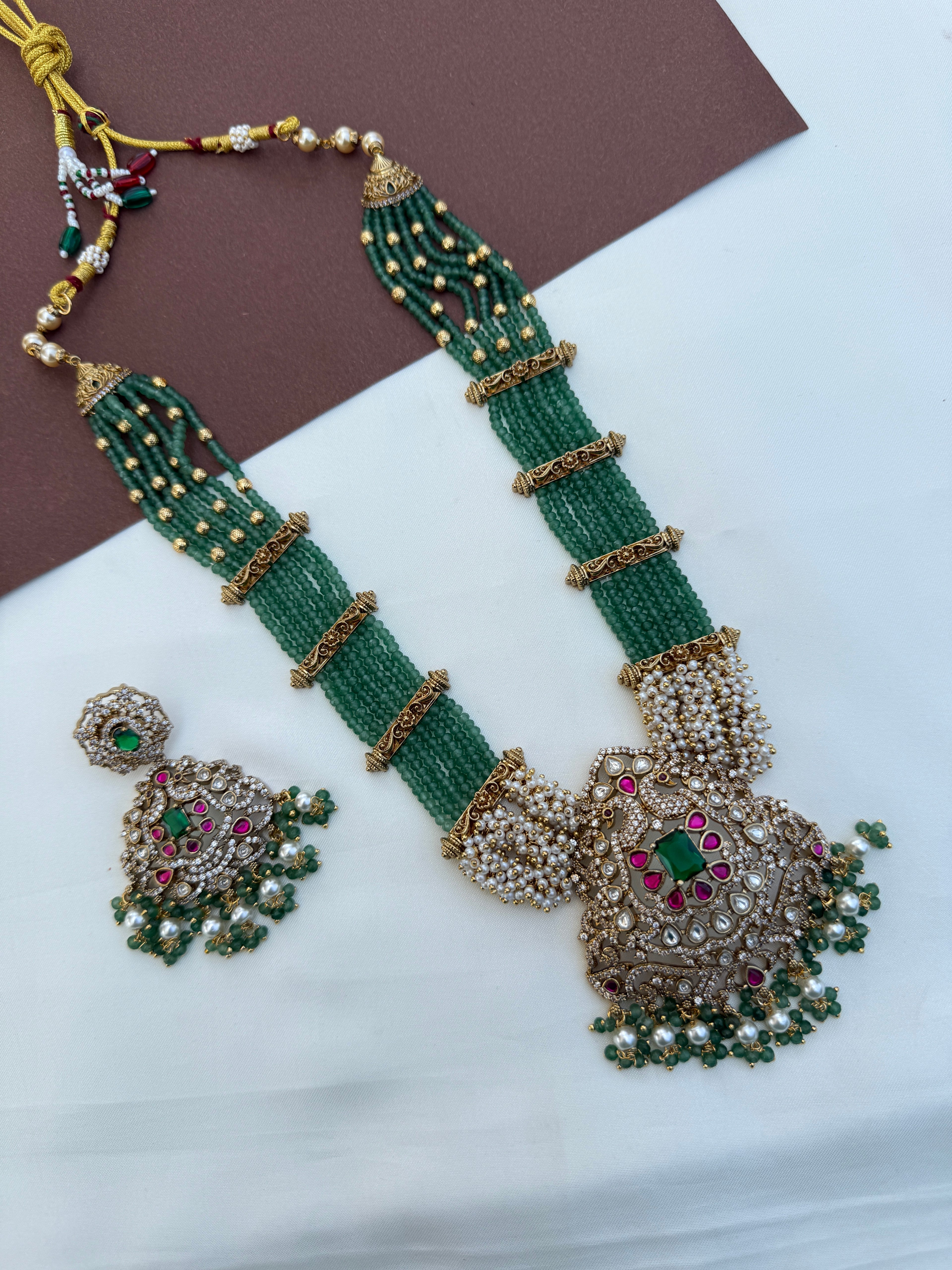 Ns729 jadau Kundan dual peacock green beads neckset