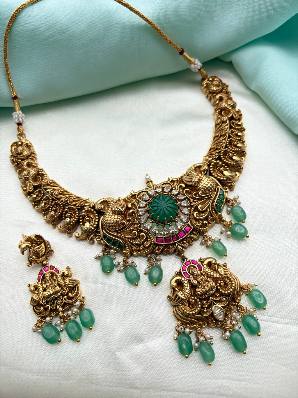 Emerald Lakshmidevi peacock jadau Kundan short neckset with earrings ns955