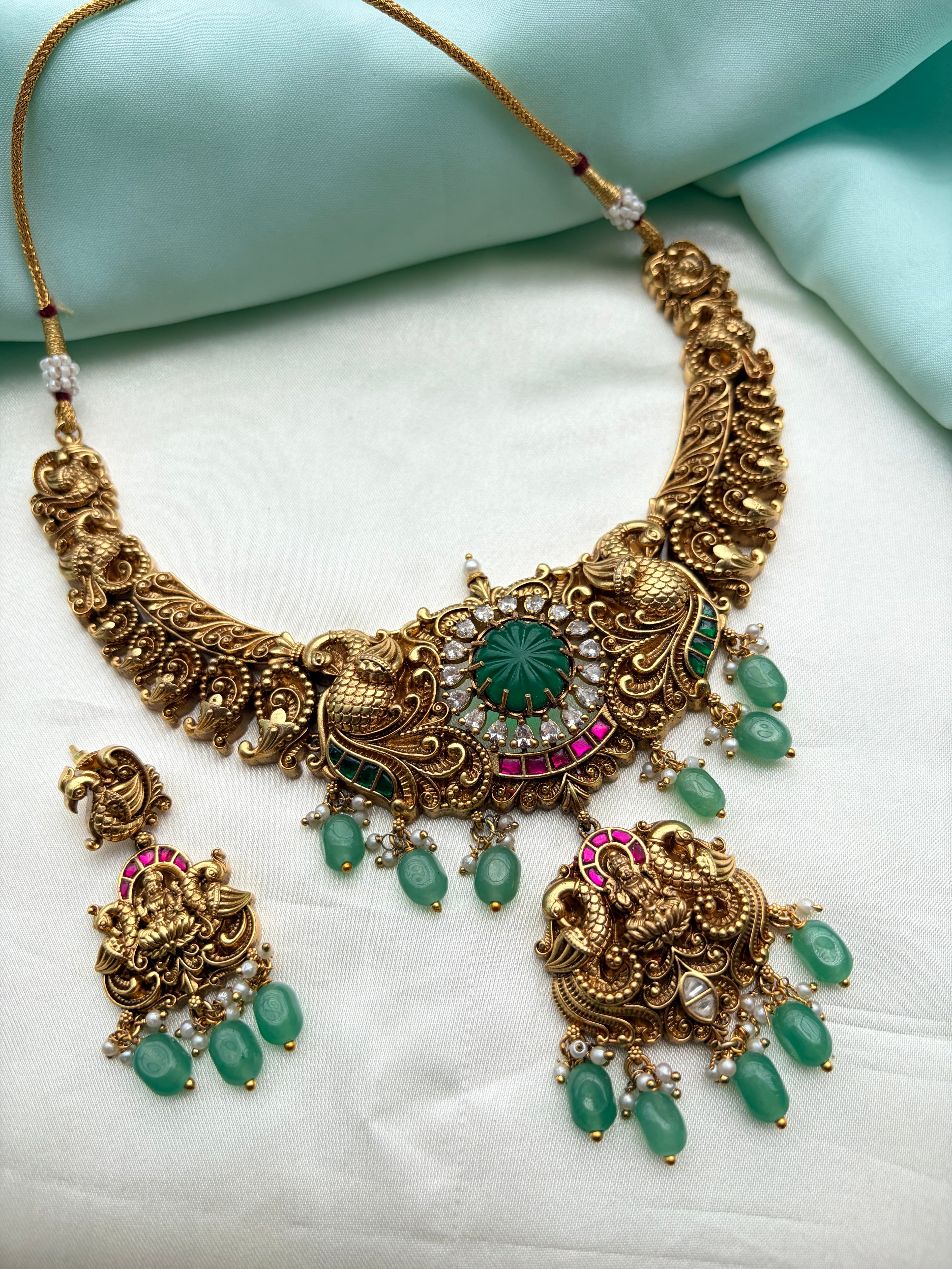 Emerald Lakshmidevi peacock jadau Kundan short neckset with earrings ns955