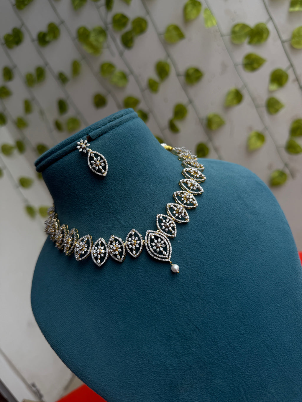 Floral Pearl Drop diamond finish Neckset with earrings ns303