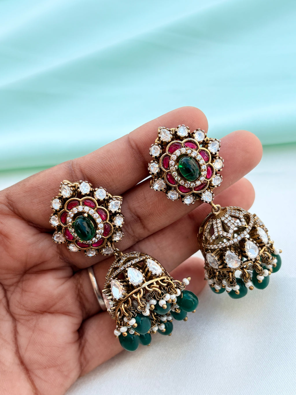 Moissanite Butta with green beads earrings Er953