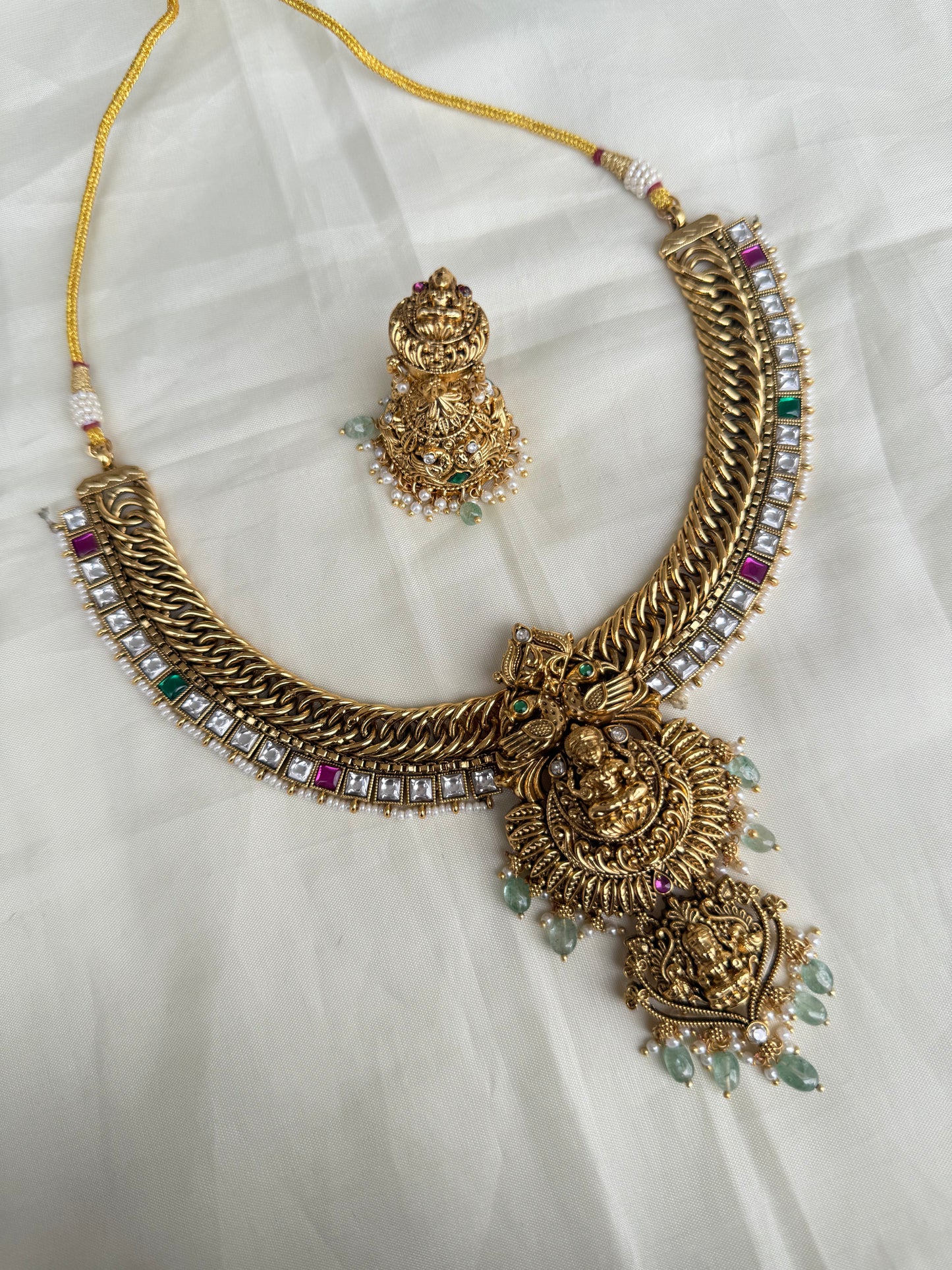 Multi green beads double Lakshmi Devi jalebi neckset