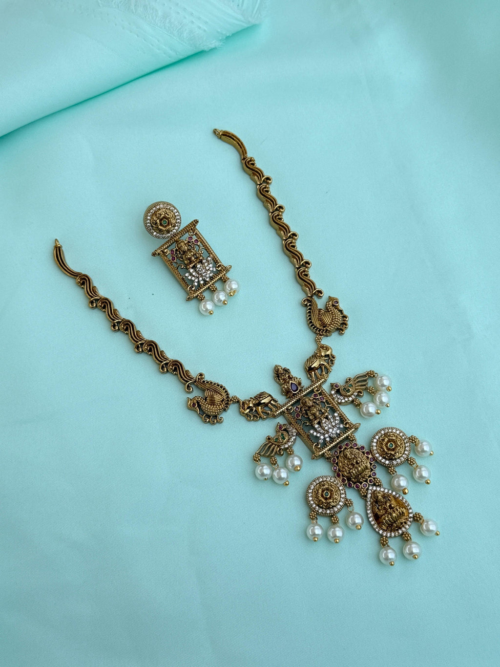 Ns820 Laxmidevi peacock elephant Multi short neckset with earrings