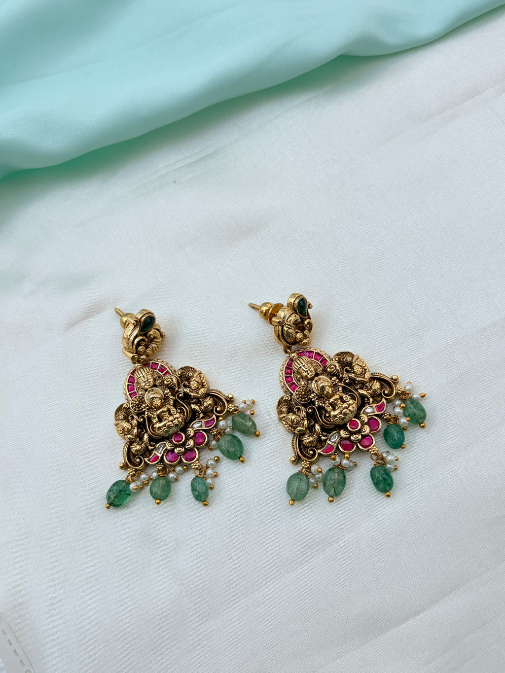Jadau Kundan Lakshmidevi green beads back crew earrings er928