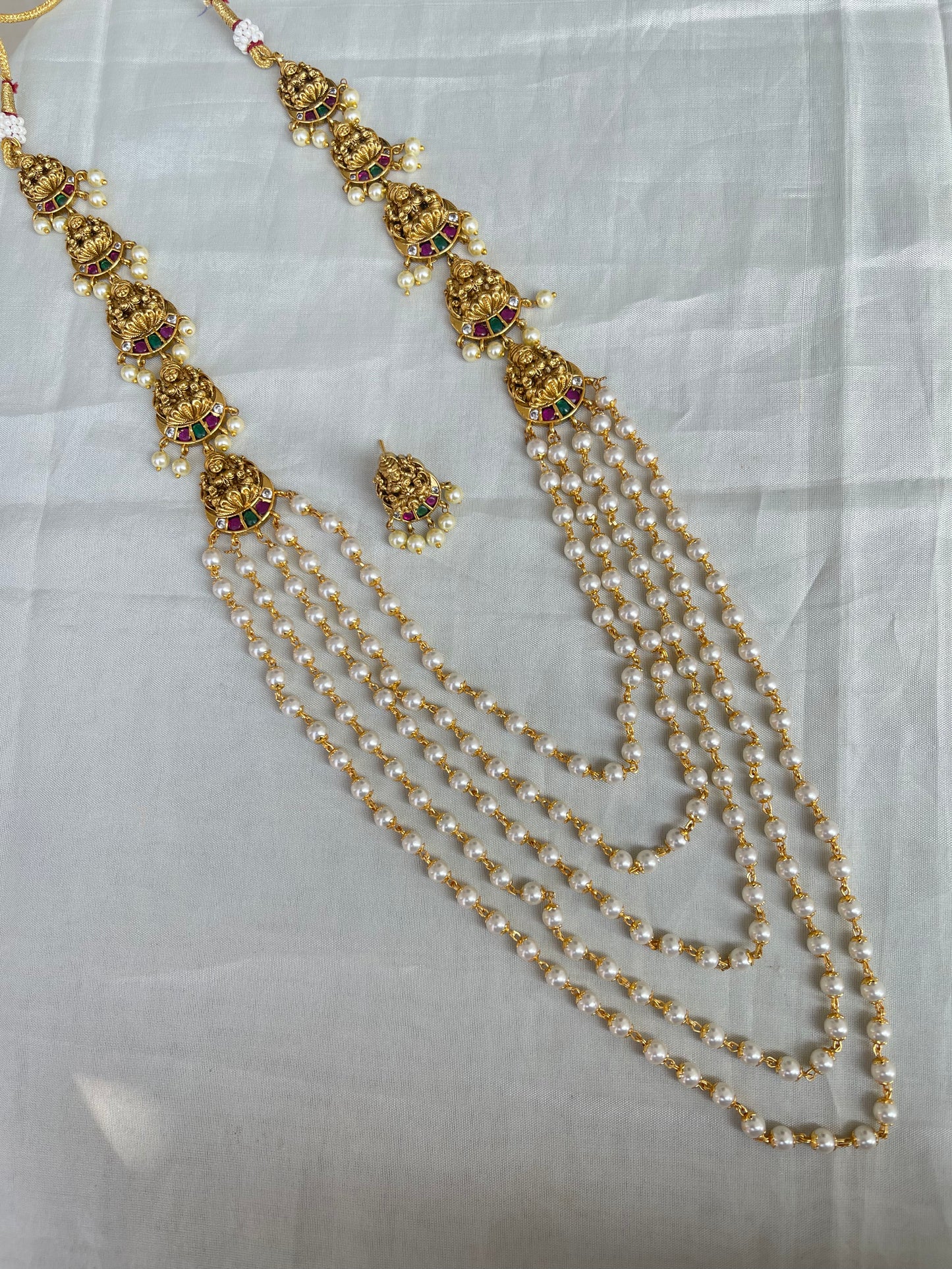 Antique finish lakshmi devi pearl long chain