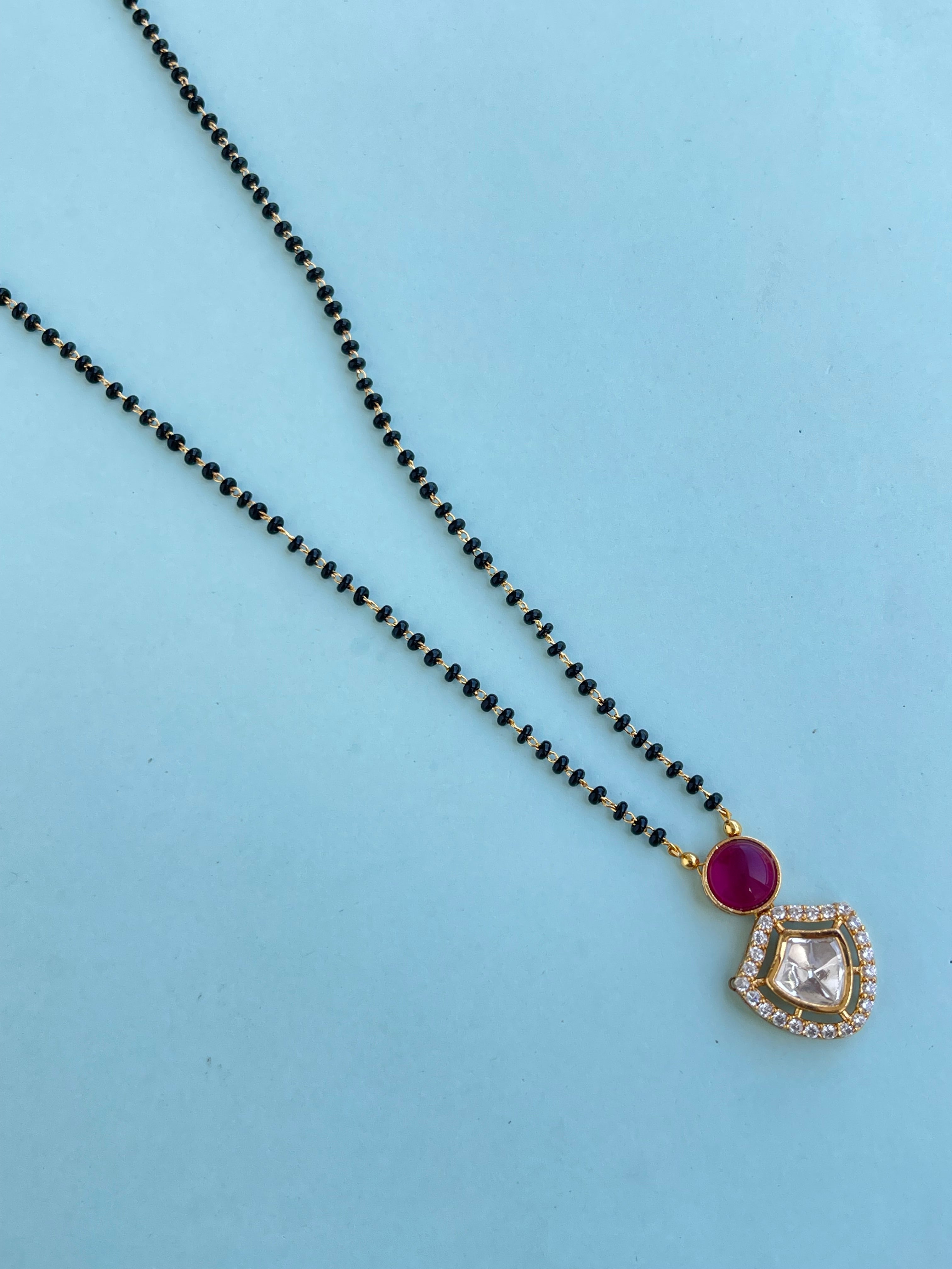 Kundan Ruby short blackbeads ( mangalsutra) with earrings