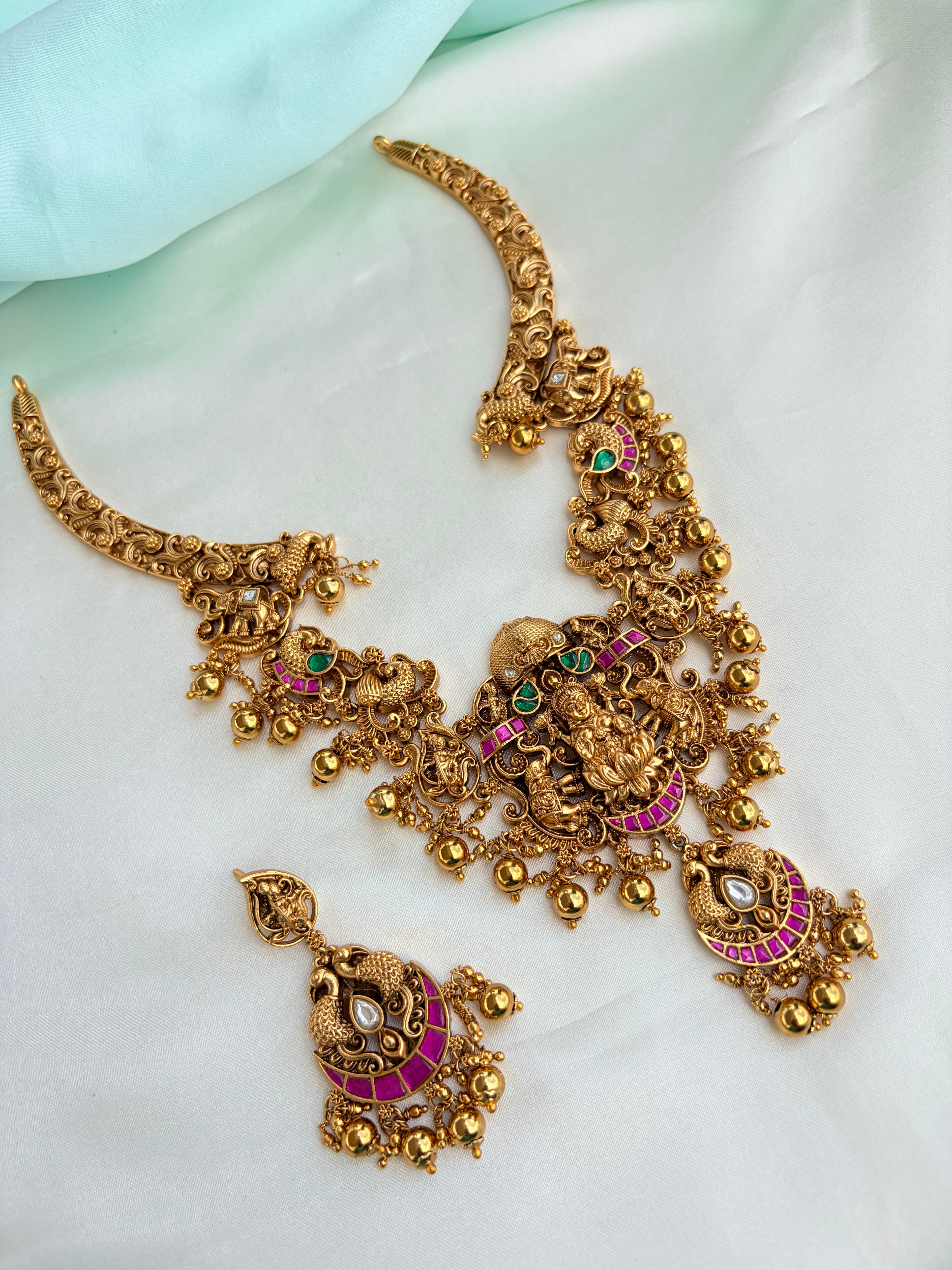 Antique Matte Gold Lakshmidevi Neckset & Earrings with Kemp Stones Ns211