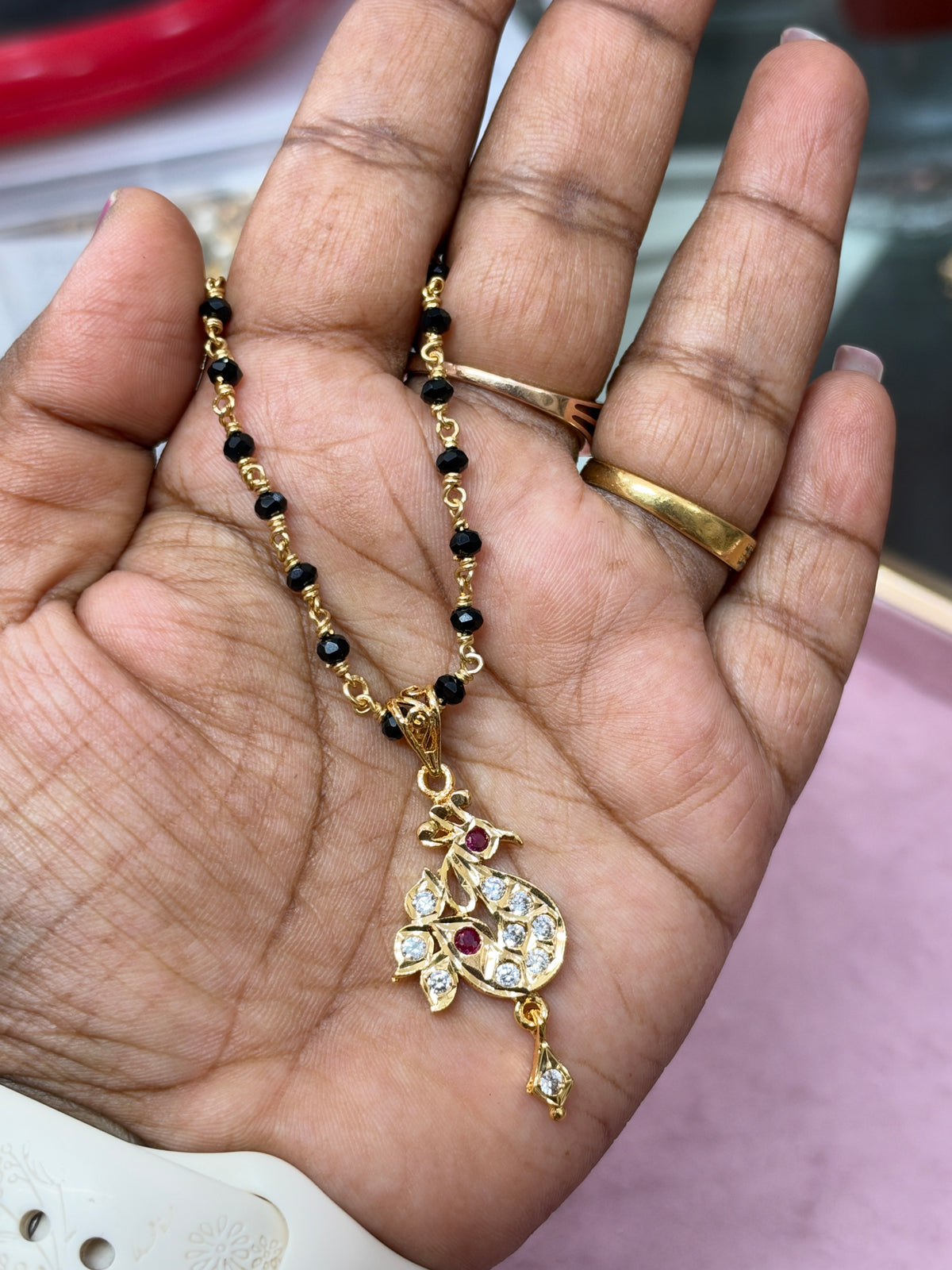 Bb404 panchaloham polished duke pendant with unpolished 16 to 18 inches black beads