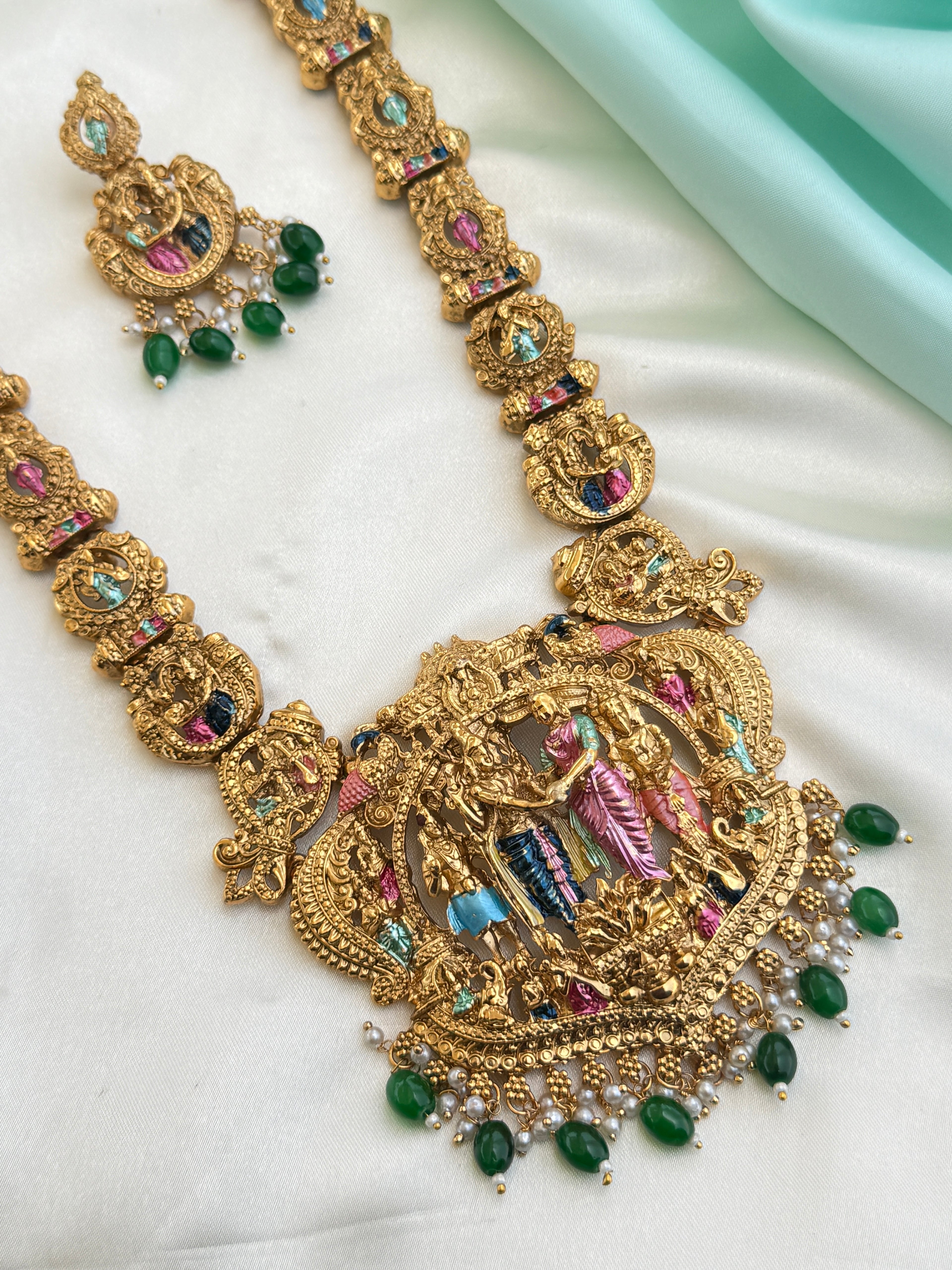 Lh595 meenakari  srinivasa kalyanam long haram with green beads