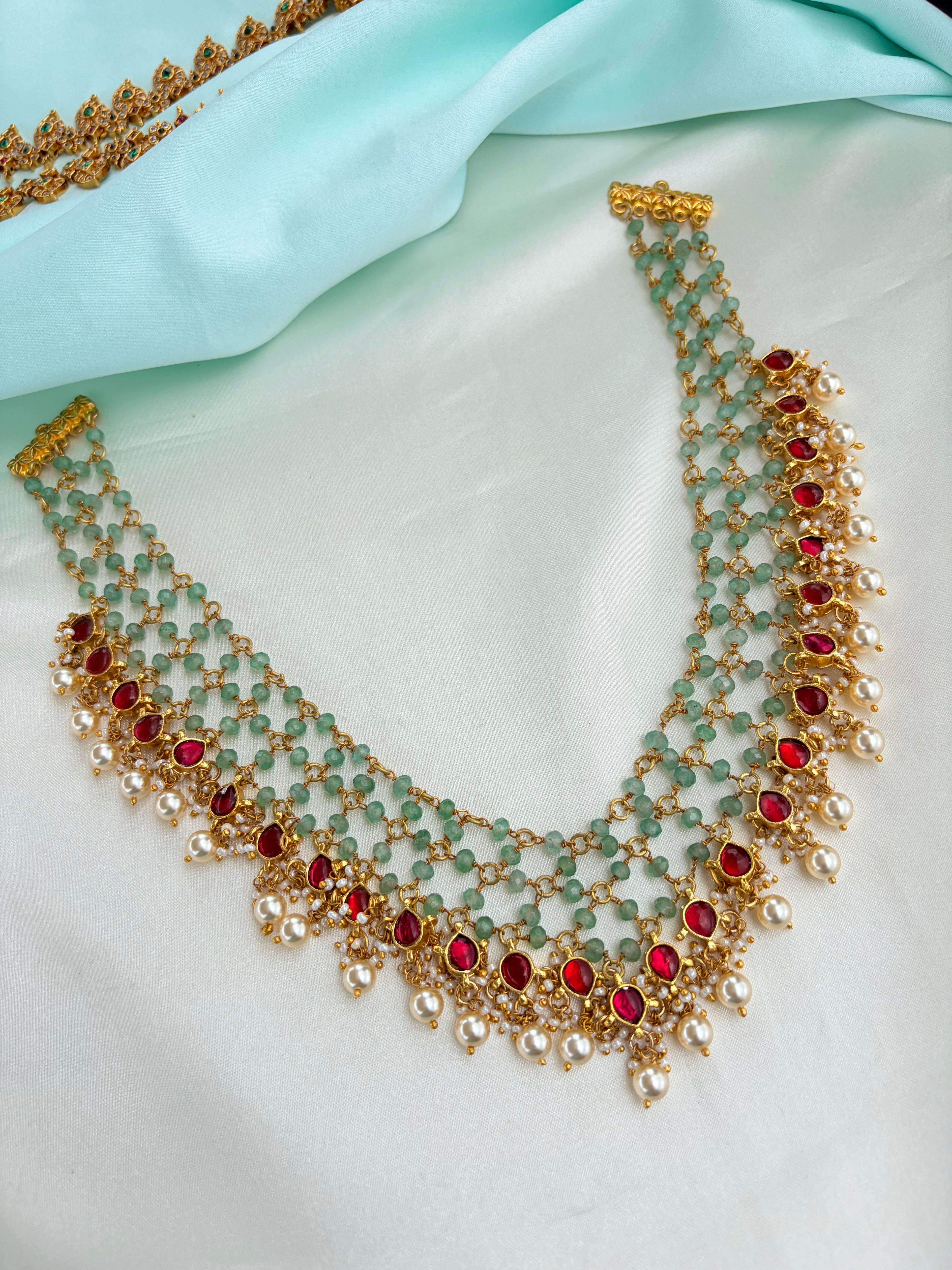 Jadau Kundan Ruby and Green beads neckset Ns922