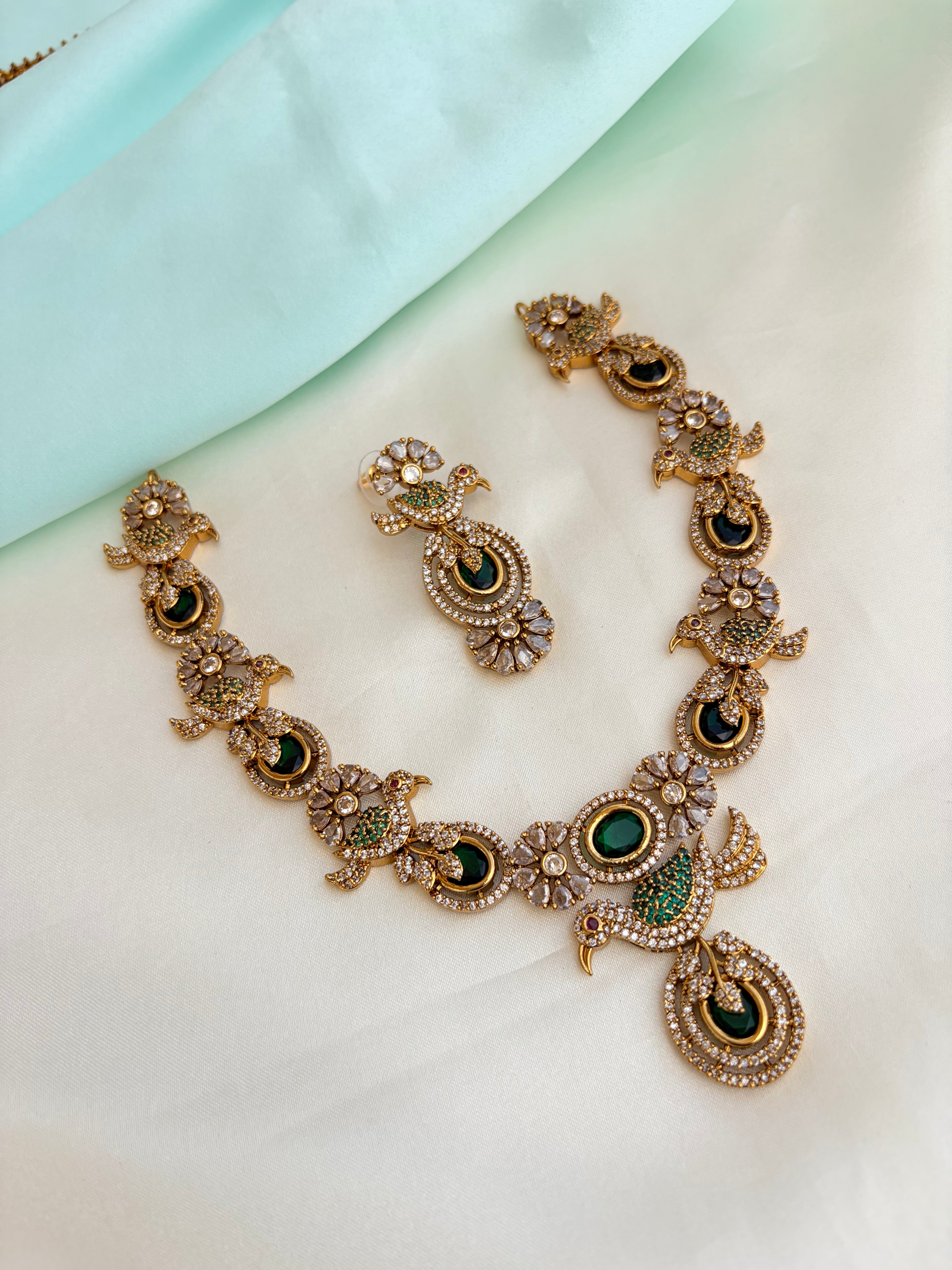Premium AD Stone Bird Motif Neckset with Emerald Green Accents with Earrings Ns862