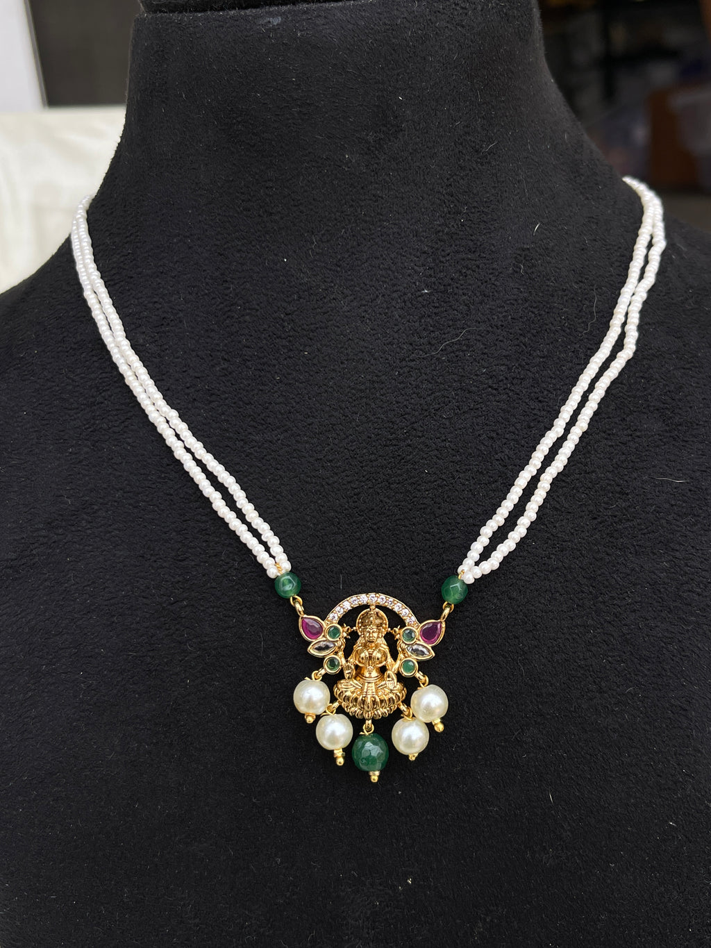 2 lines sugar pearl Lakshmi Devi pendant in ruby and green pc001