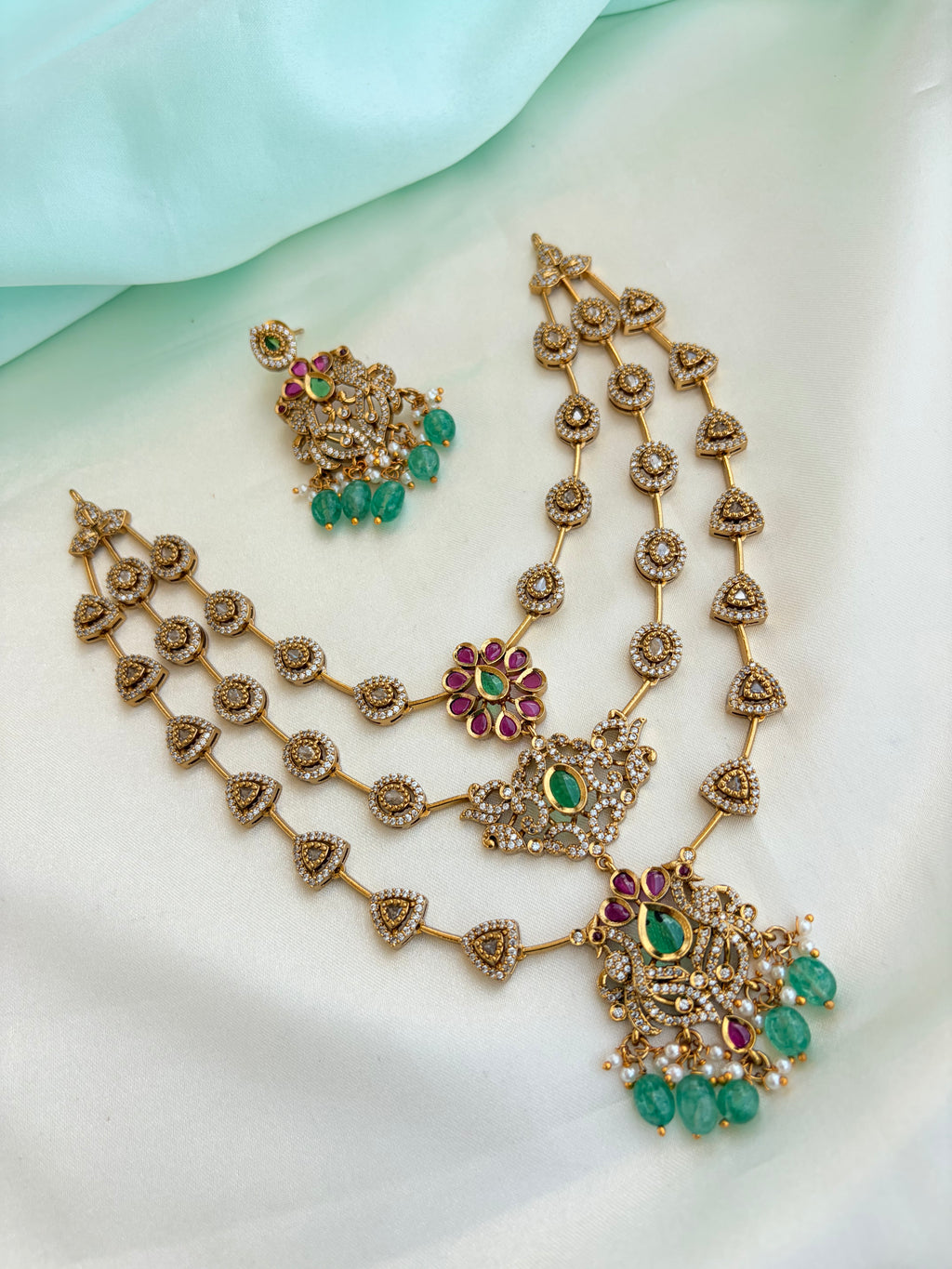 3-Layer Antique Gold Polish CZ Haram Set with Emerald Green & Ruby Pink Accents with Earrings Ns216