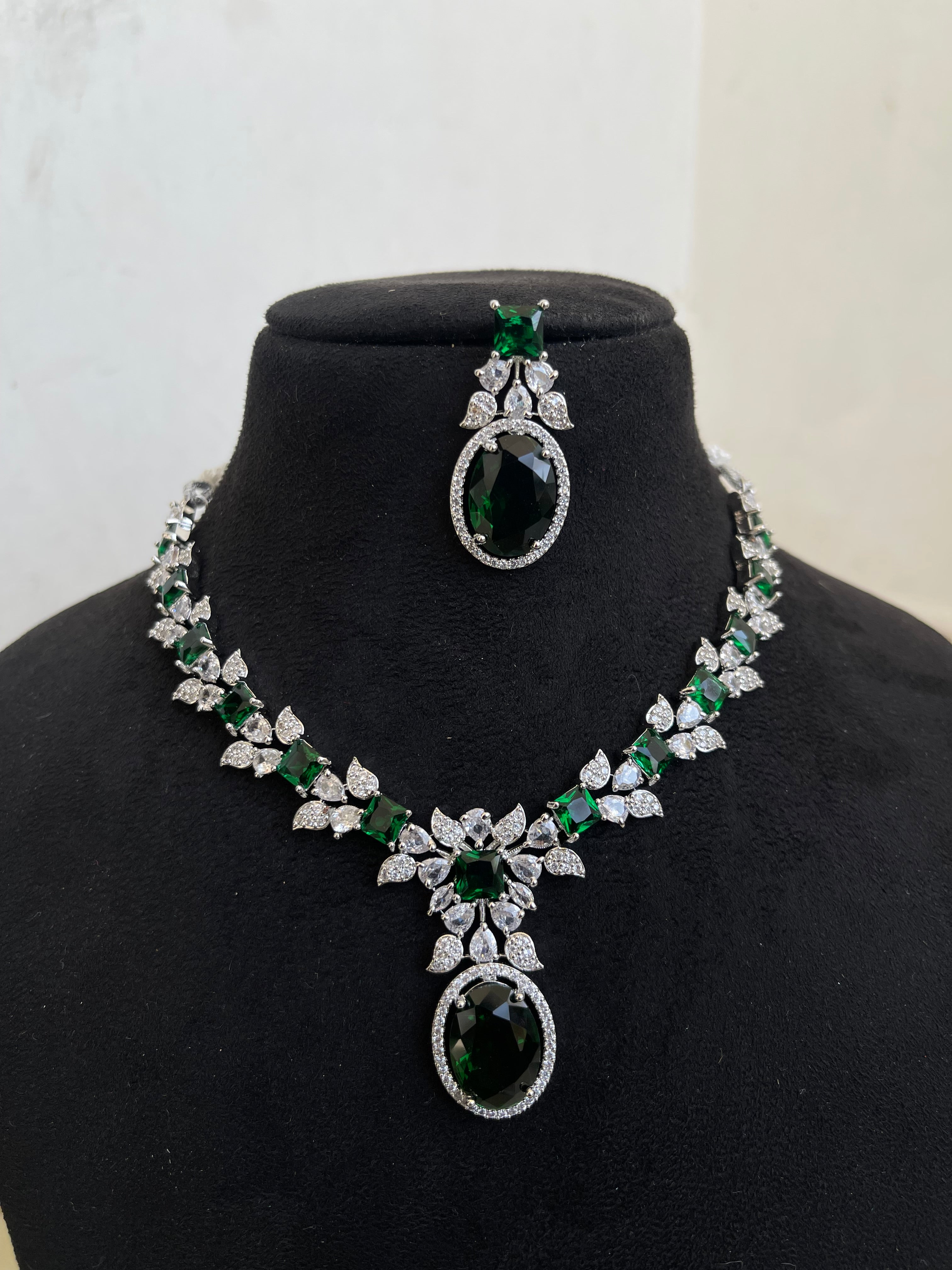 Green diamond finish drop neckset with earrings