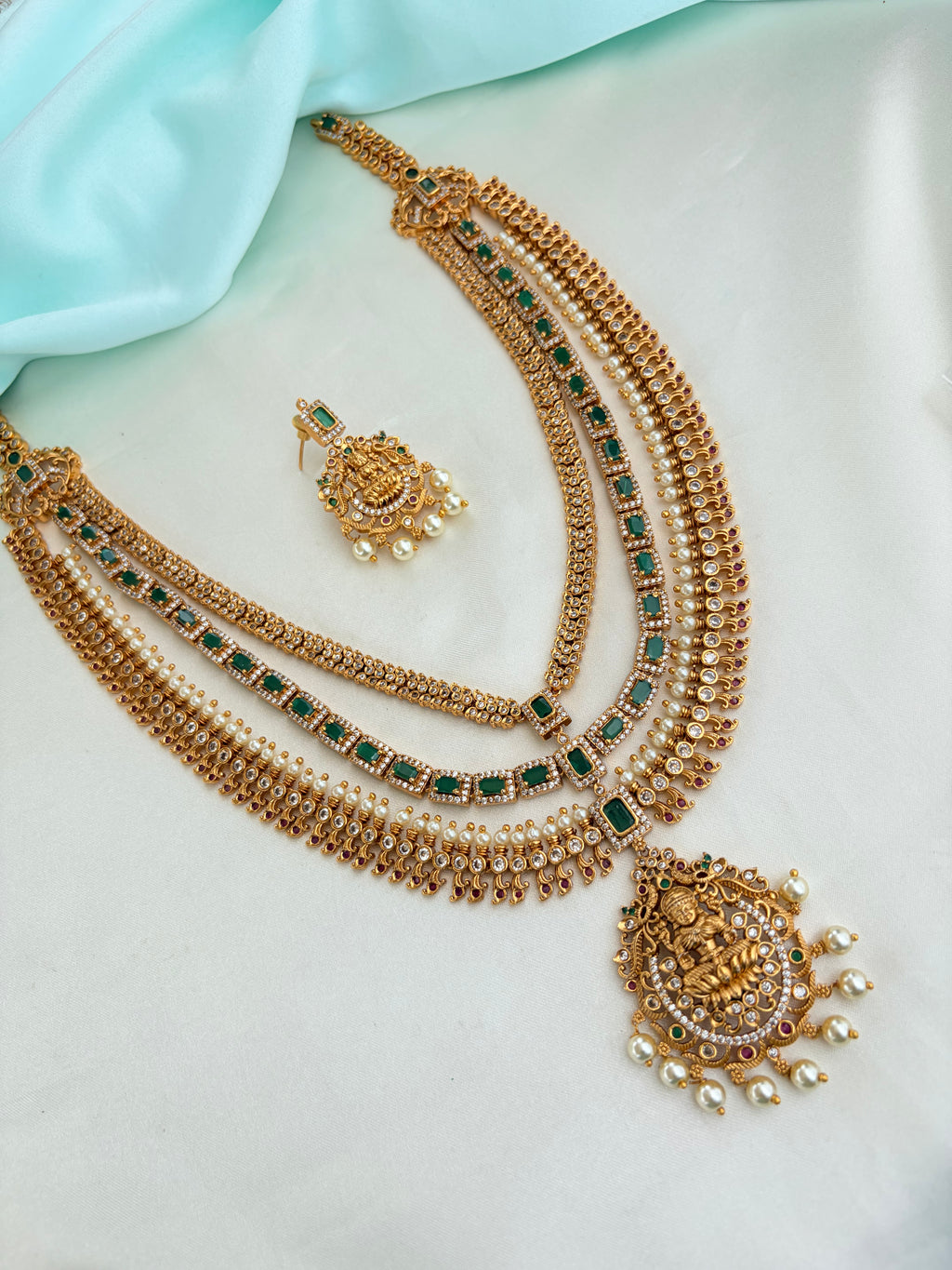 Premium Antique Finish Three-Layer Lakshmi Neckset with Earrings Ns929