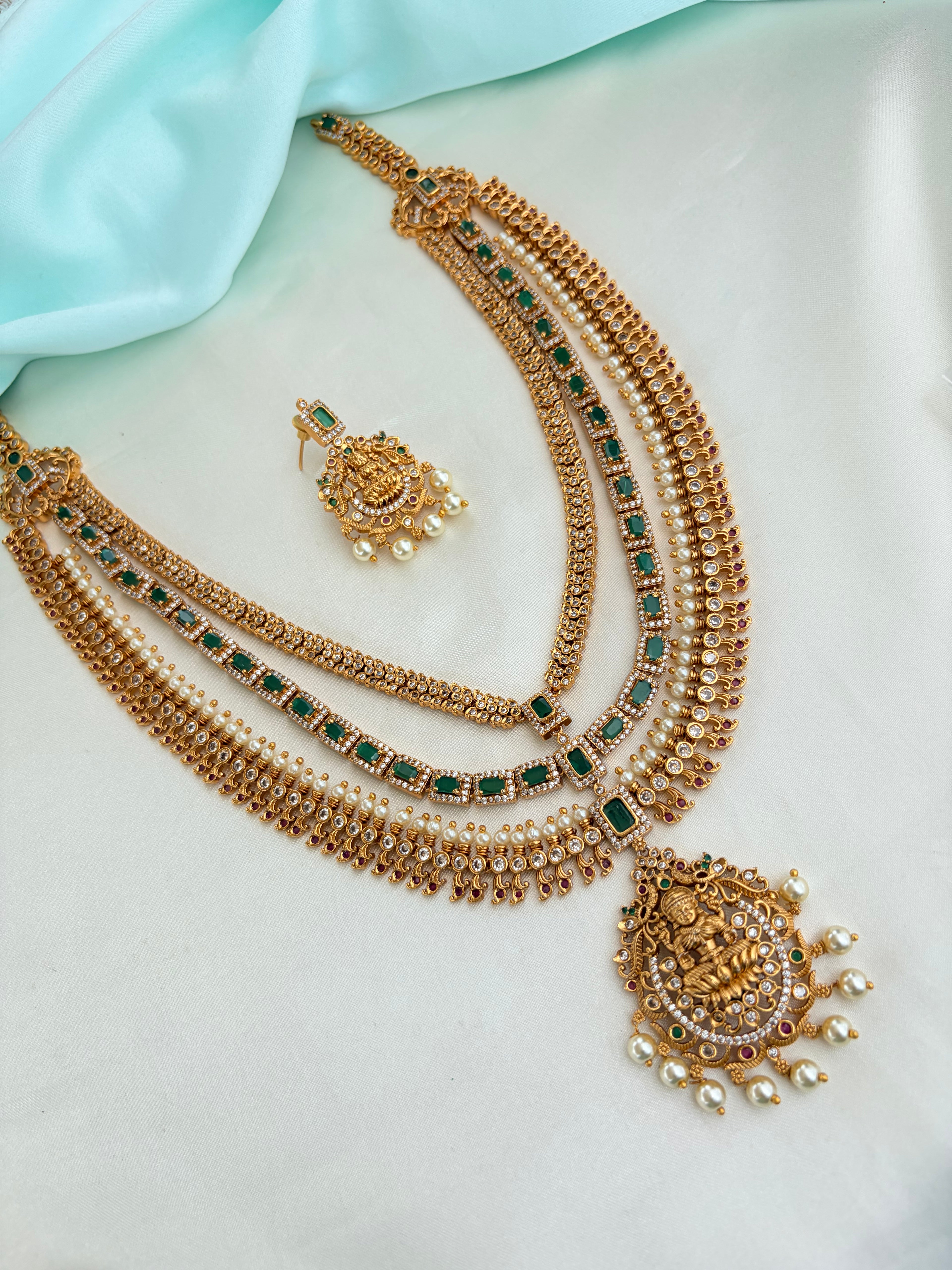 Premium Antique Finish Three-Layer Lakshmi Neckset with Earrings Ns929