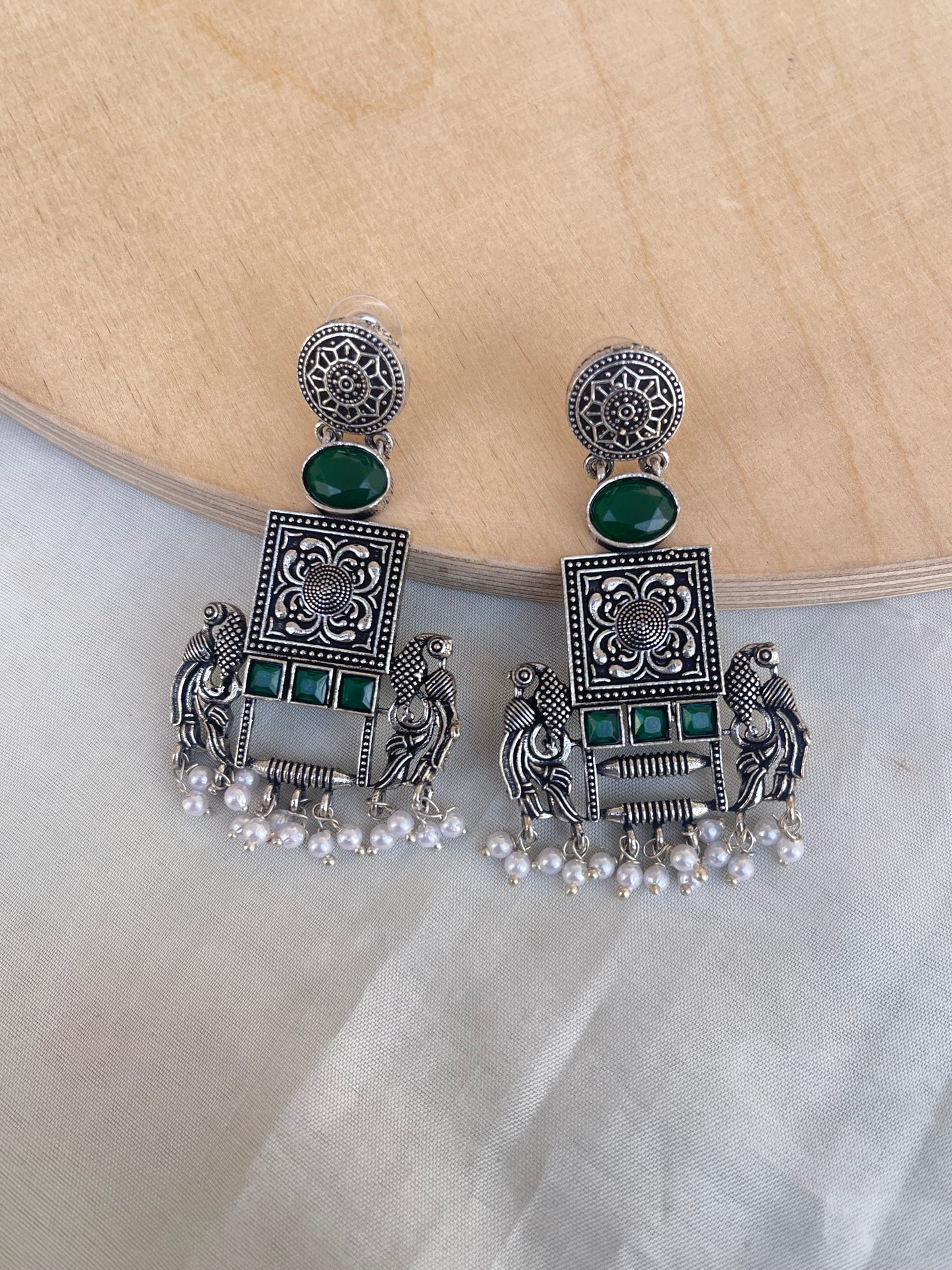 Dual peacock square oxidised earrings