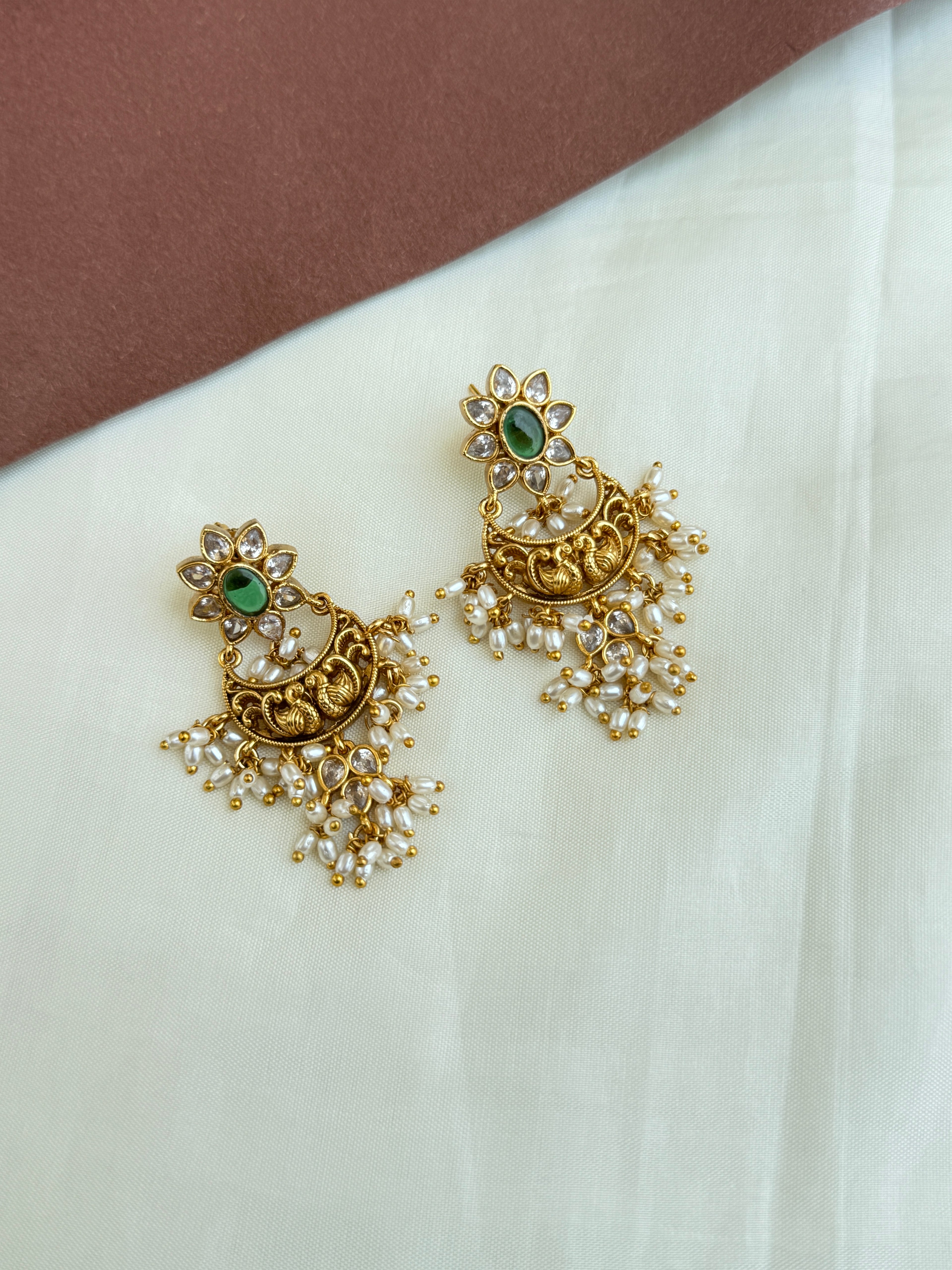 Er52 Dual peacock rice pearls chandbali