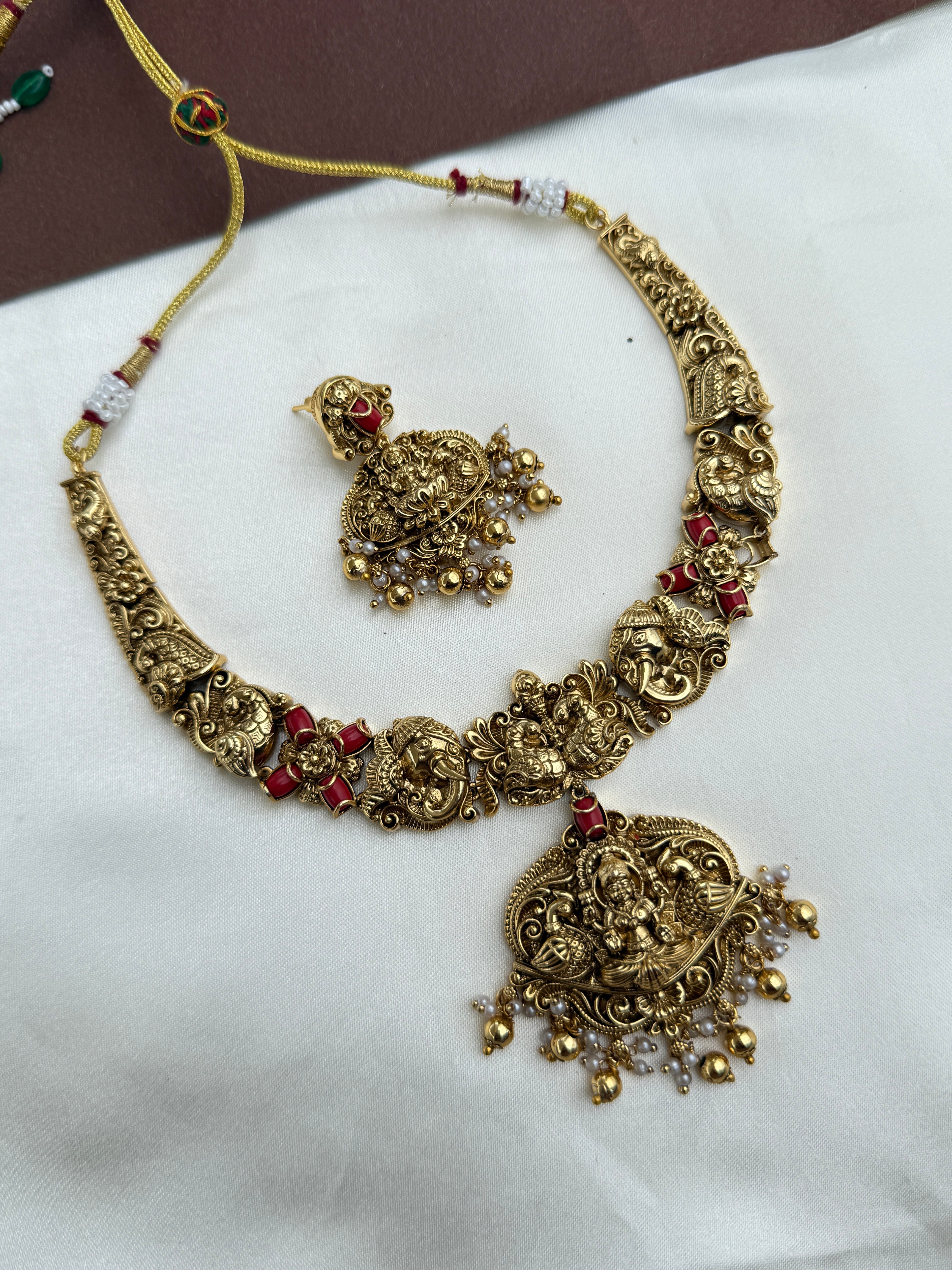 NS356 lakshmi devi corals nakshi neckset with earrings