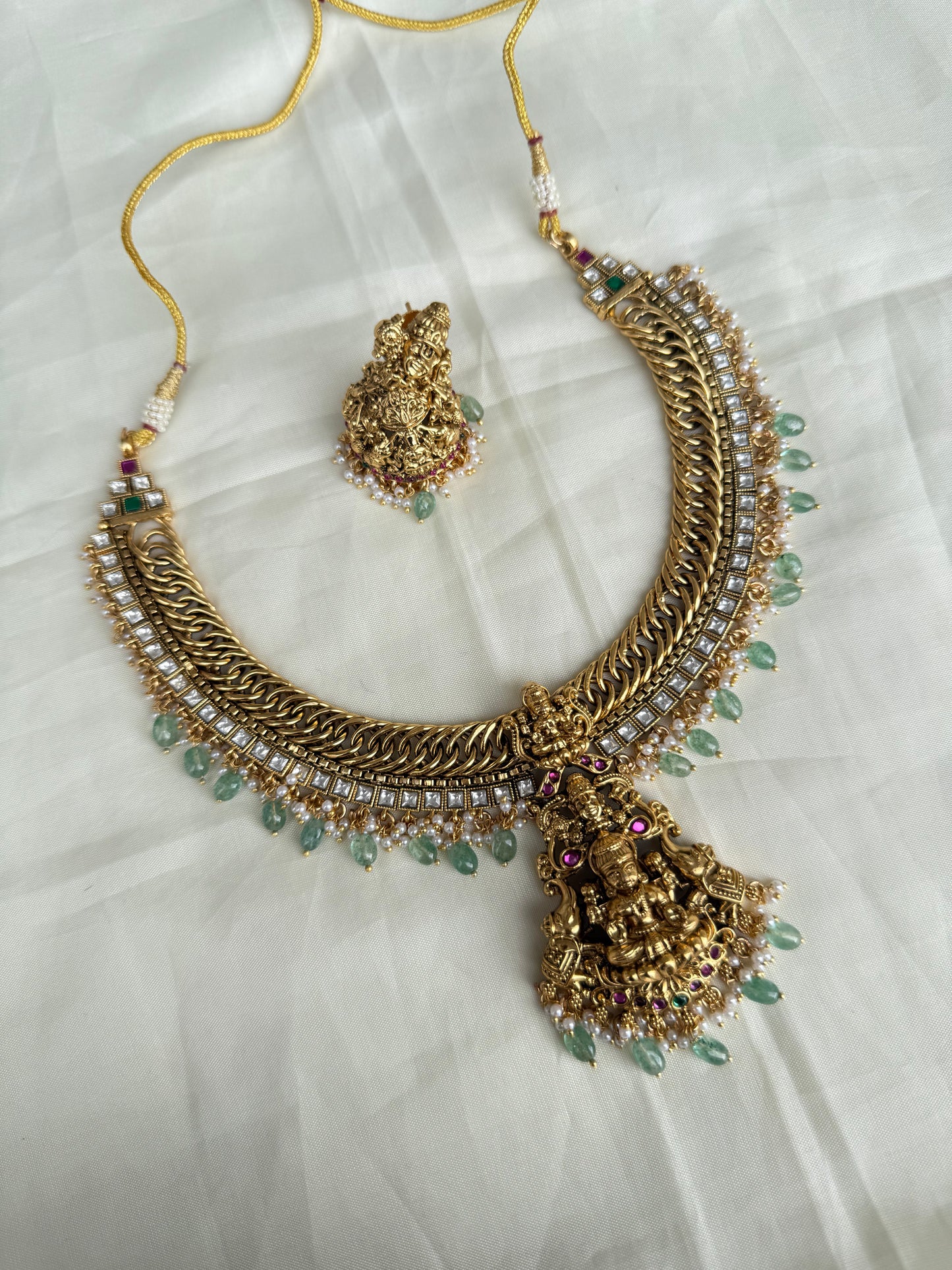 Lakshmi Devi multi green beads jalebi Neckset