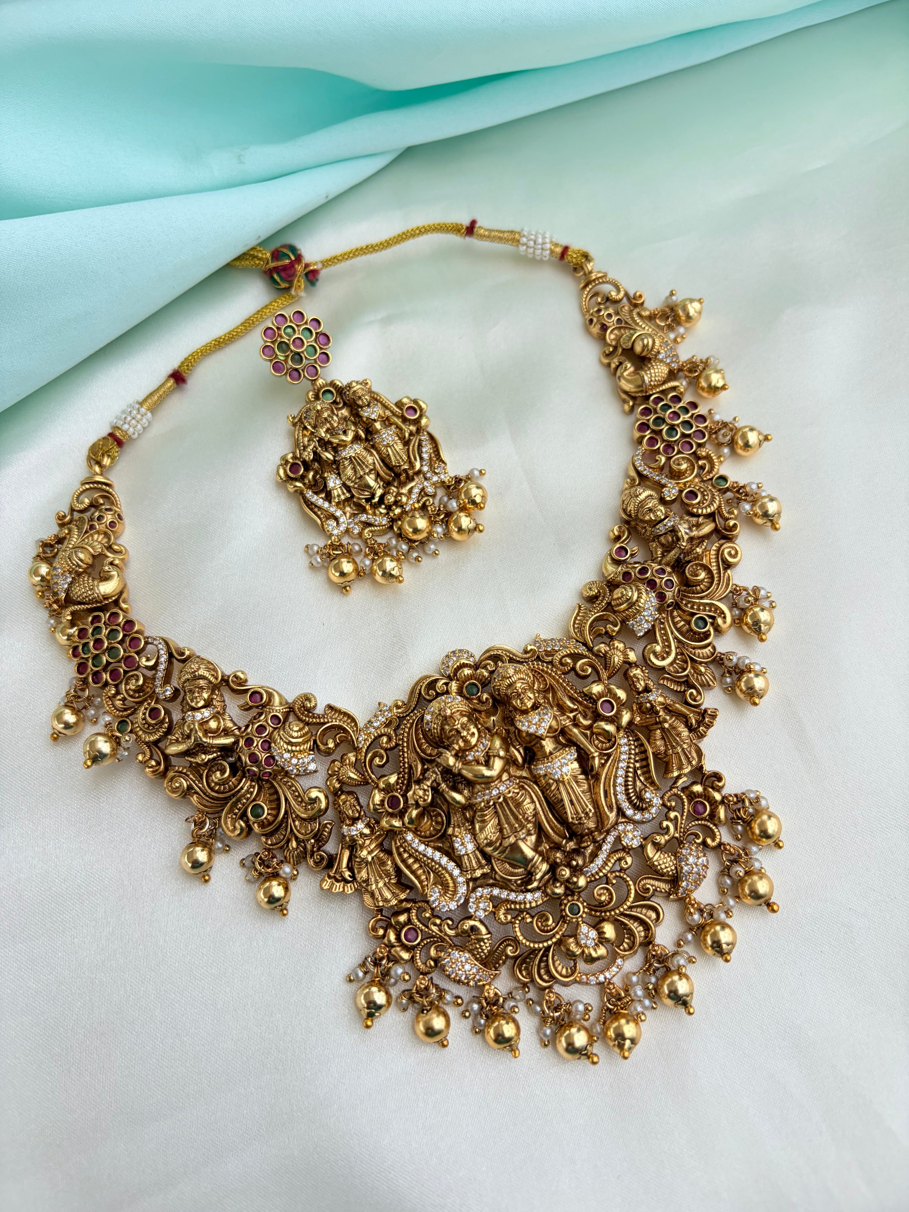 Premium Antique Gold Radha Krishna Neckset with Pearl Drops with Earrings Ns221