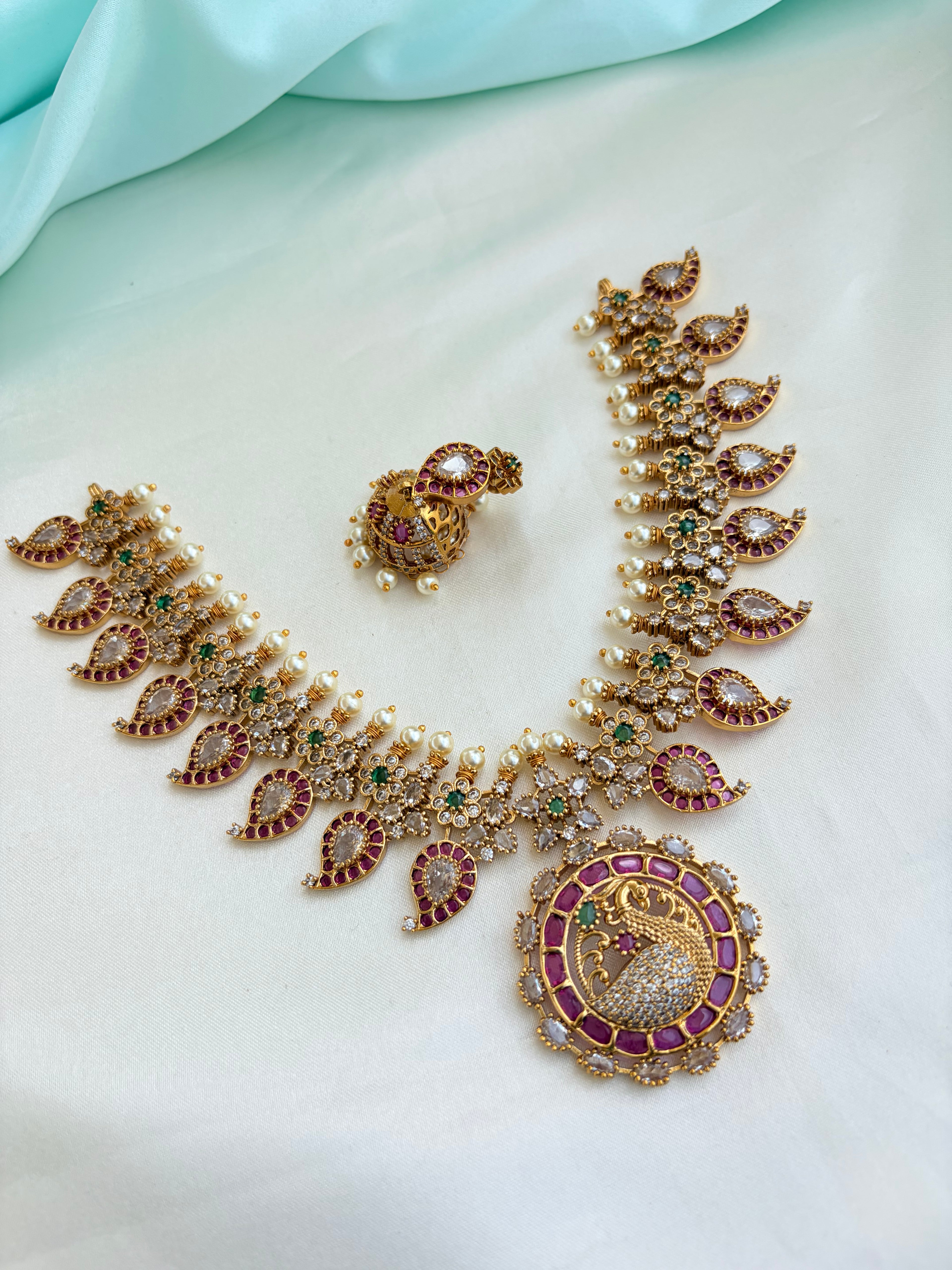 Royal Peacock Ruby & Emerald Kundan Neckset with Earrings Ns859
