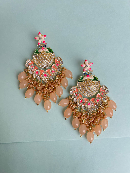 Dual peacock peach chandbali earrings