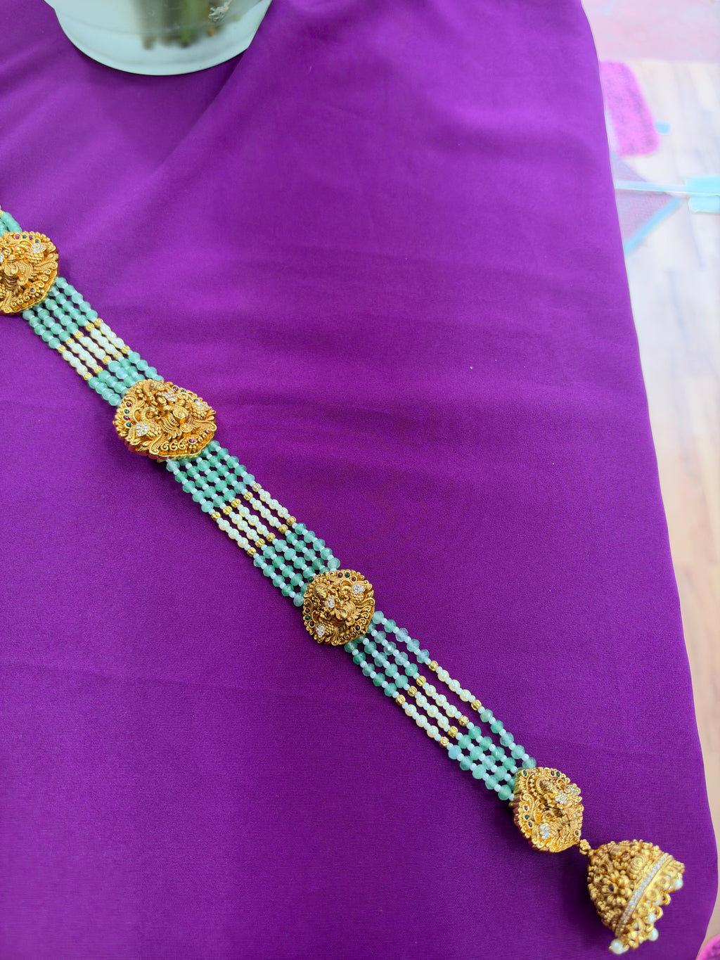 Jd400 Lakshmidevi with peacock petals with green beads 24 inches jada billa