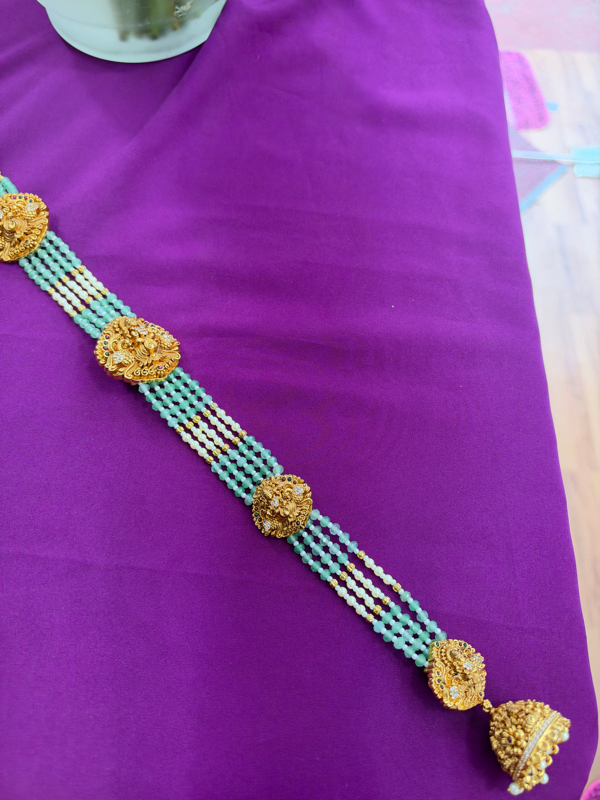 Jd400 Lakshmidevi with peacock petals with green beads 24 inches jada billa