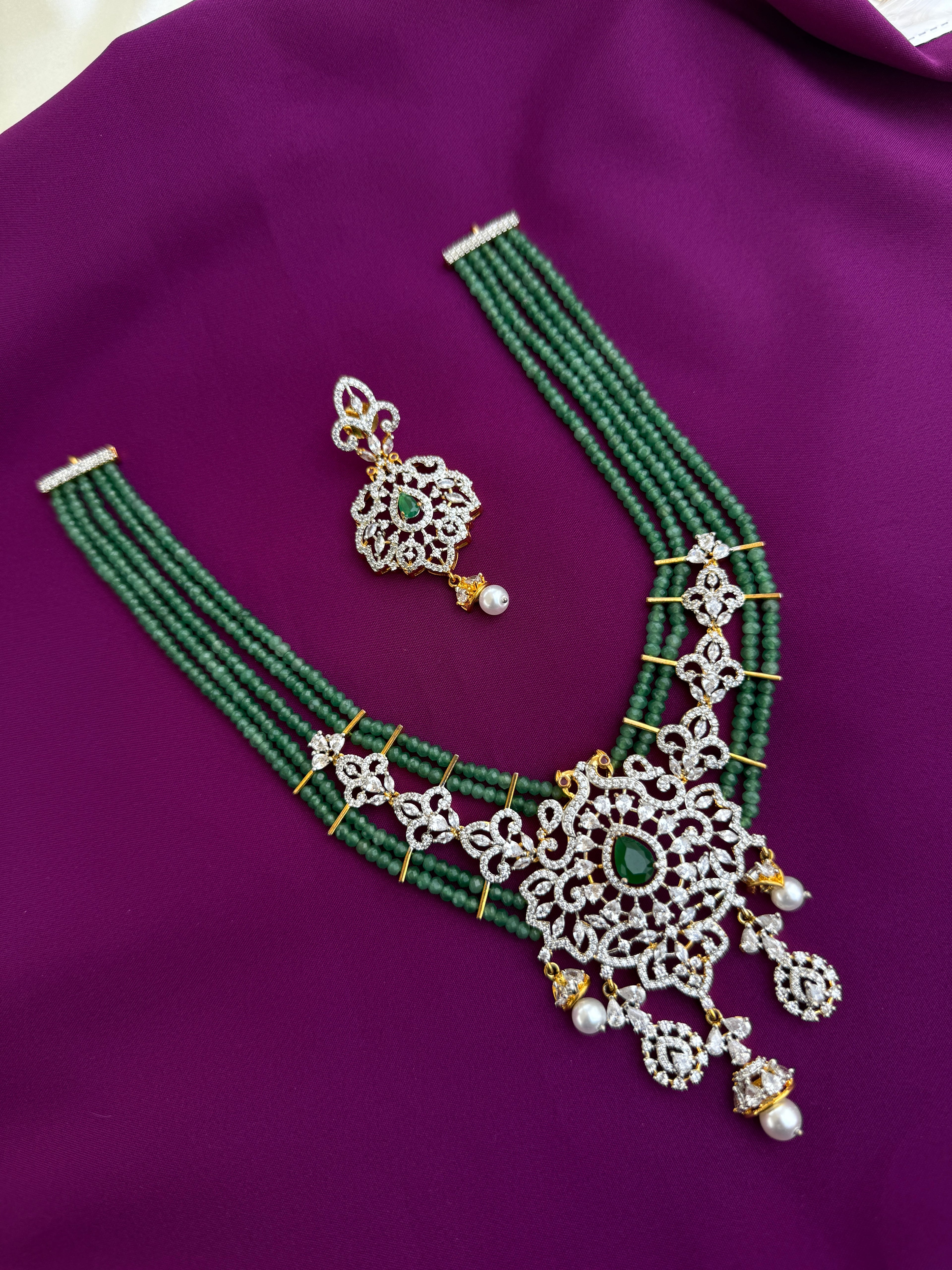 Diamond finish mint green emerald Neckset with earrings ns232
